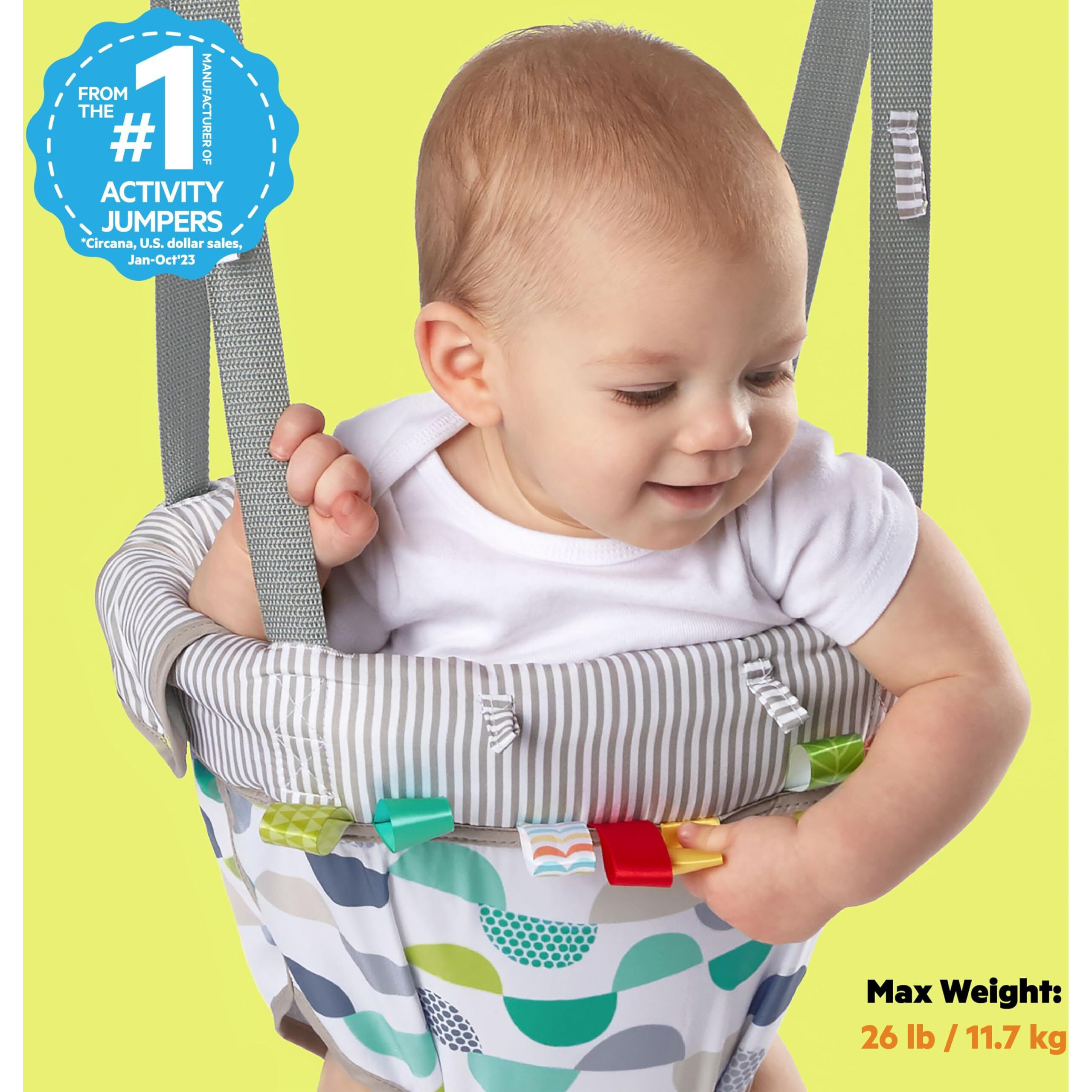 Bright Starts Playful Parade Door Jumper For Baby With Adjustable Strap, 6 Months And Up, Max Weight 26 Lbs