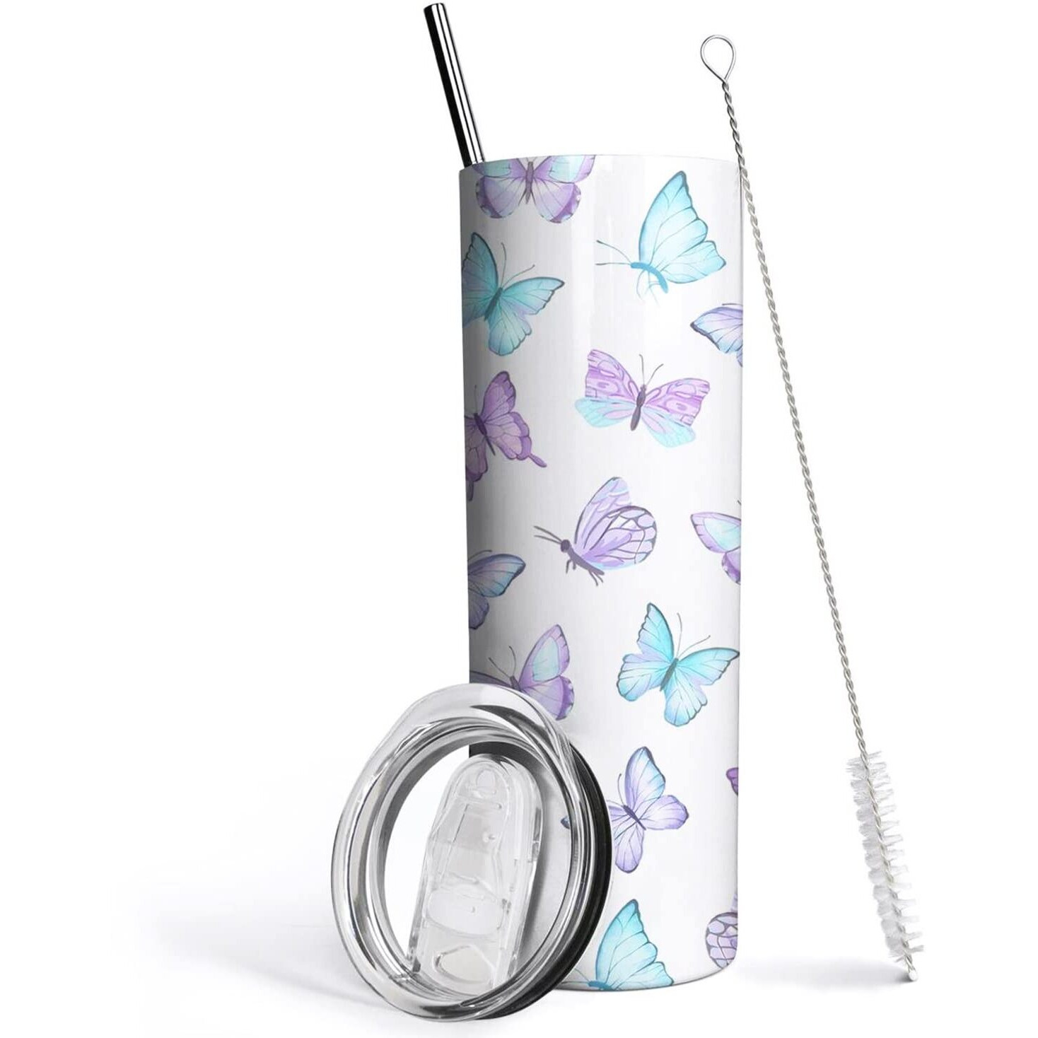 Mofvugz Butterfly Tumbler With Lid And Straw, Butterfly Gifts For Women, Purple Butterflies Cup Water Bottle Coffee Mug, Metal Thermal Insulated Tumblers 20 Oz, Butterfly Decor Stuff