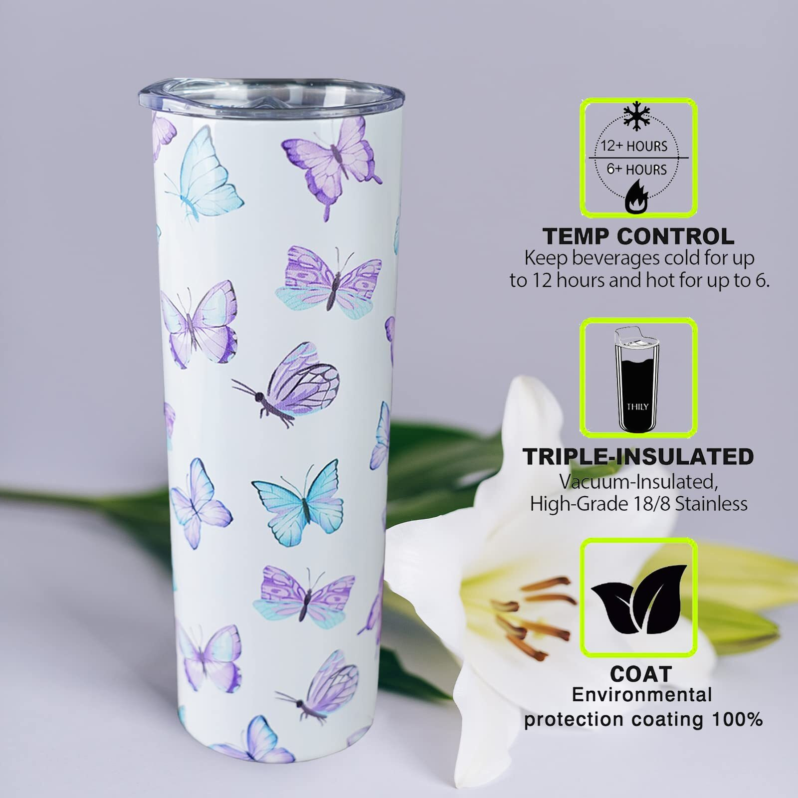 Mofvugz Butterfly Tumbler With Lid And Straw, Butterfly Gifts For Women, Purple Butterflies Cup Water Bottle Coffee Mug, Metal Thermal Insulated Tumblers 20 Oz, Butterfly Decor Stuff