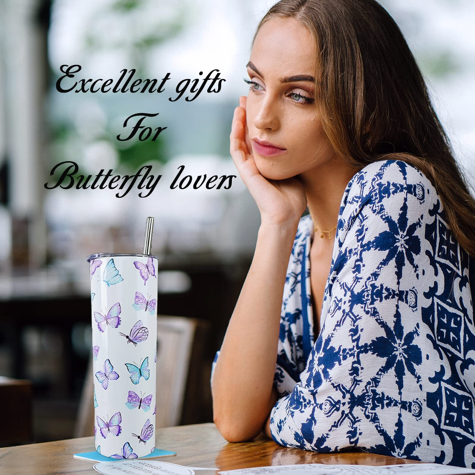 Mofvugz Butterfly Tumbler With Lid And Straw, Butterfly Gifts For Women, Purple Butterflies Cup Water Bottle Coffee Mug, Metal Thermal Insulated Tumblers 20 Oz, Butterfly Decor Stuff