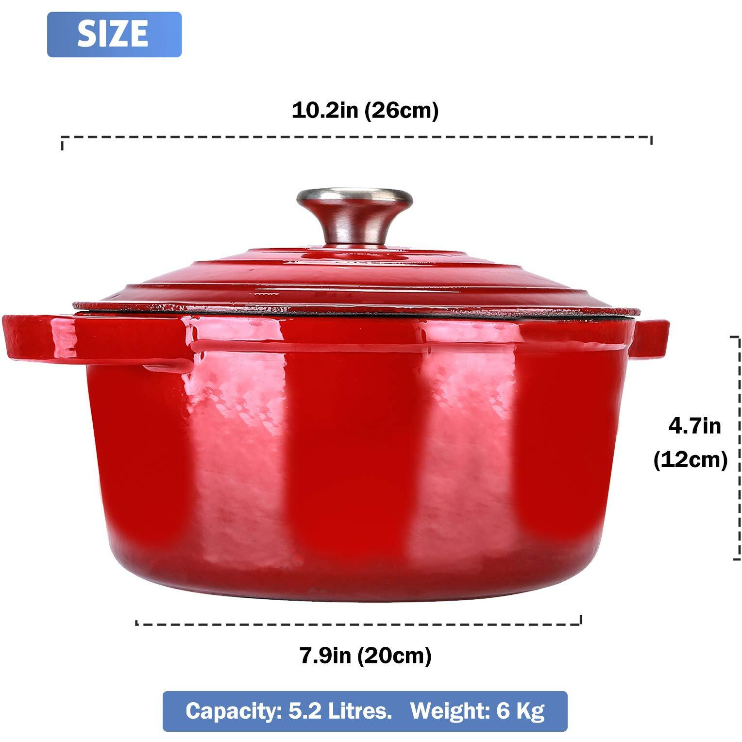 Puricon 5.5 Quart Enameled Cast Iron Dutch Oven With Lid, 5.5 Qt Deep Round Dutch Oven Pot With Dual Handles -Red
