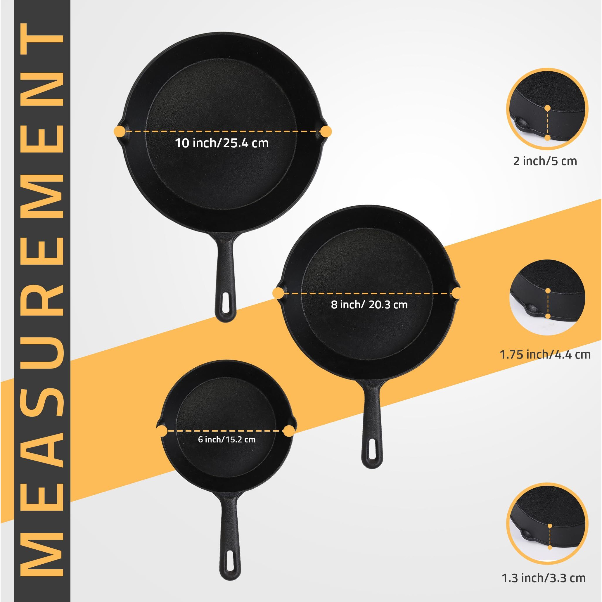 Utopia Kitchen Saute Fry Pan - Pre-Seasoned Cast Iron Skillets Set 3-Piece Frying Pan Comprised Of 6"", 8"", And 10"" Cast Iron Pan - Easy Use In The Oven, Stove, Grill, Or Campfire - Black