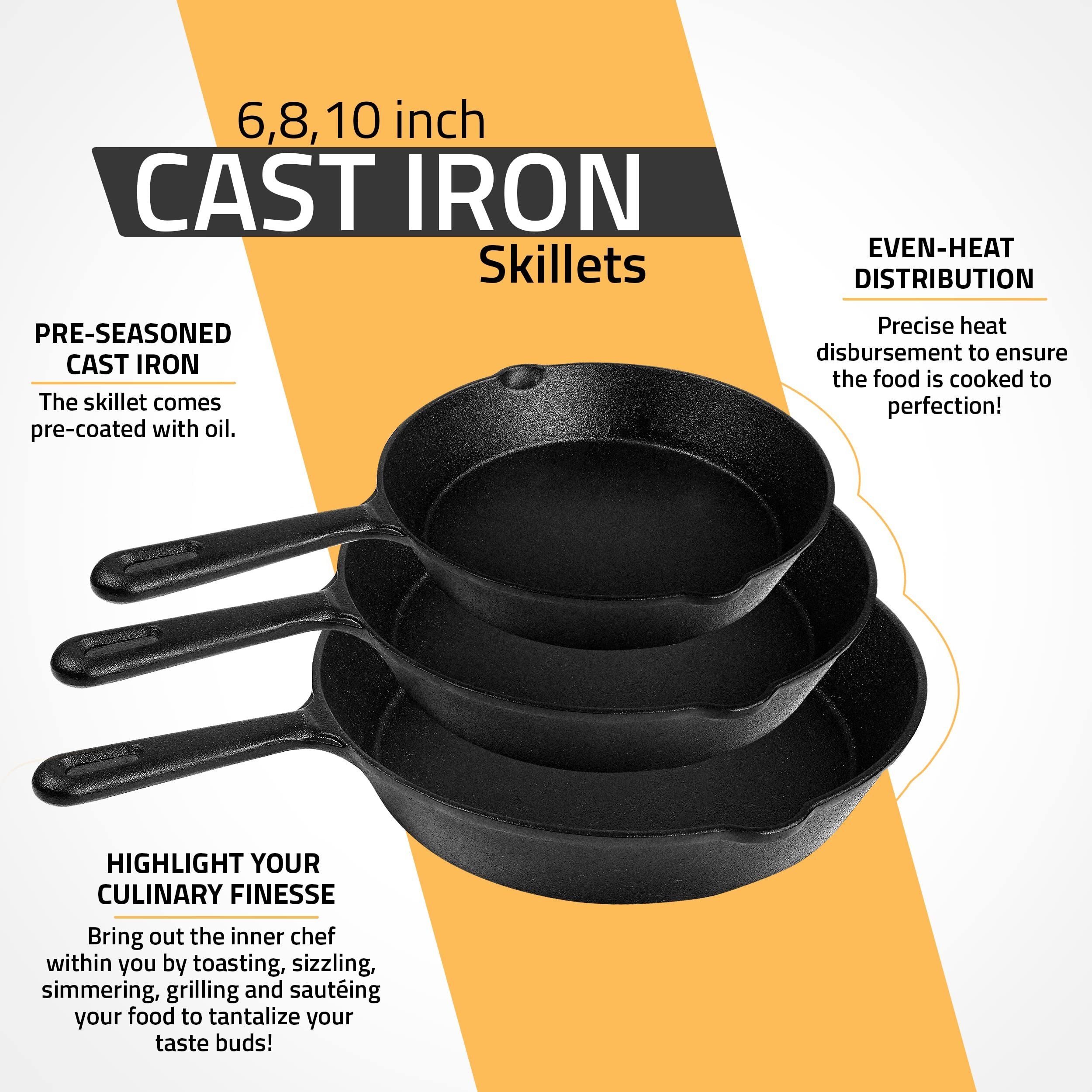 Utopia Kitchen Saute Fry Pan - Pre-Seasoned Cast Iron Skillets Set 3-Piece Frying Pan Comprised Of 6"", 8"", And 10"" Cast Iron Pan - Easy Use In The Oven, Stove, Grill, Or Campfire - Black