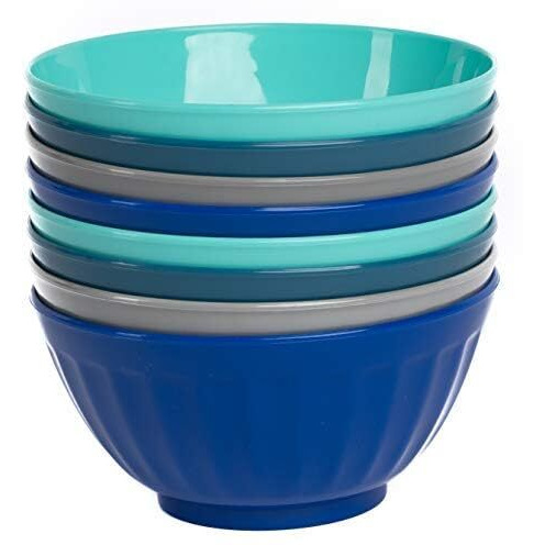 Klickpick Home 6 Inch Plastic Bowls Set Of 8 - 28 Oz Large Plastic Cereal & Soup Bowls - Microwave & Dishwasher Safe - Bpa Free - 4 Coastal Colors (2 Each)