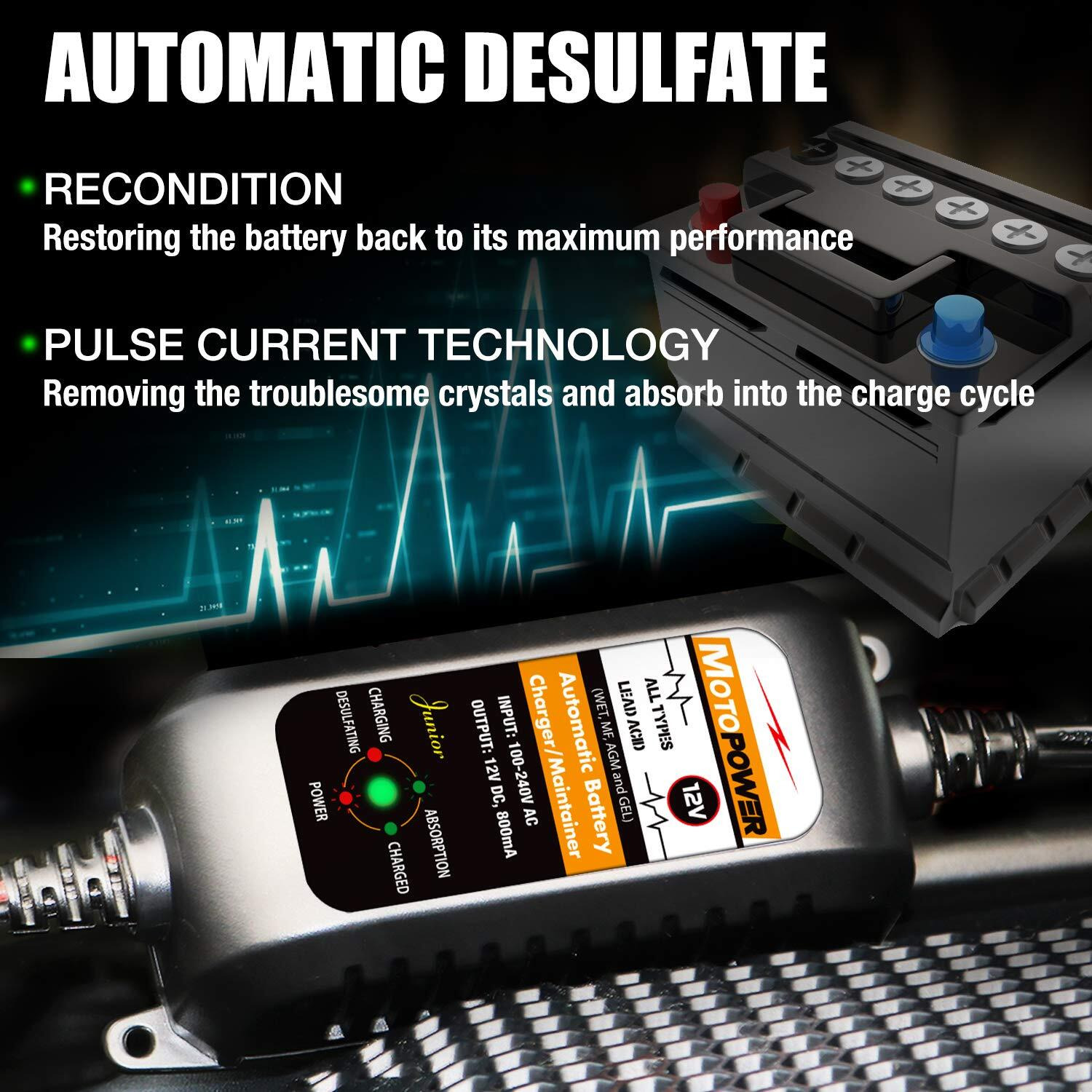 Motopower Mp00205A 12V 800Ma Automatic Battery Charger, Maintainer, Trickle And Desulfator