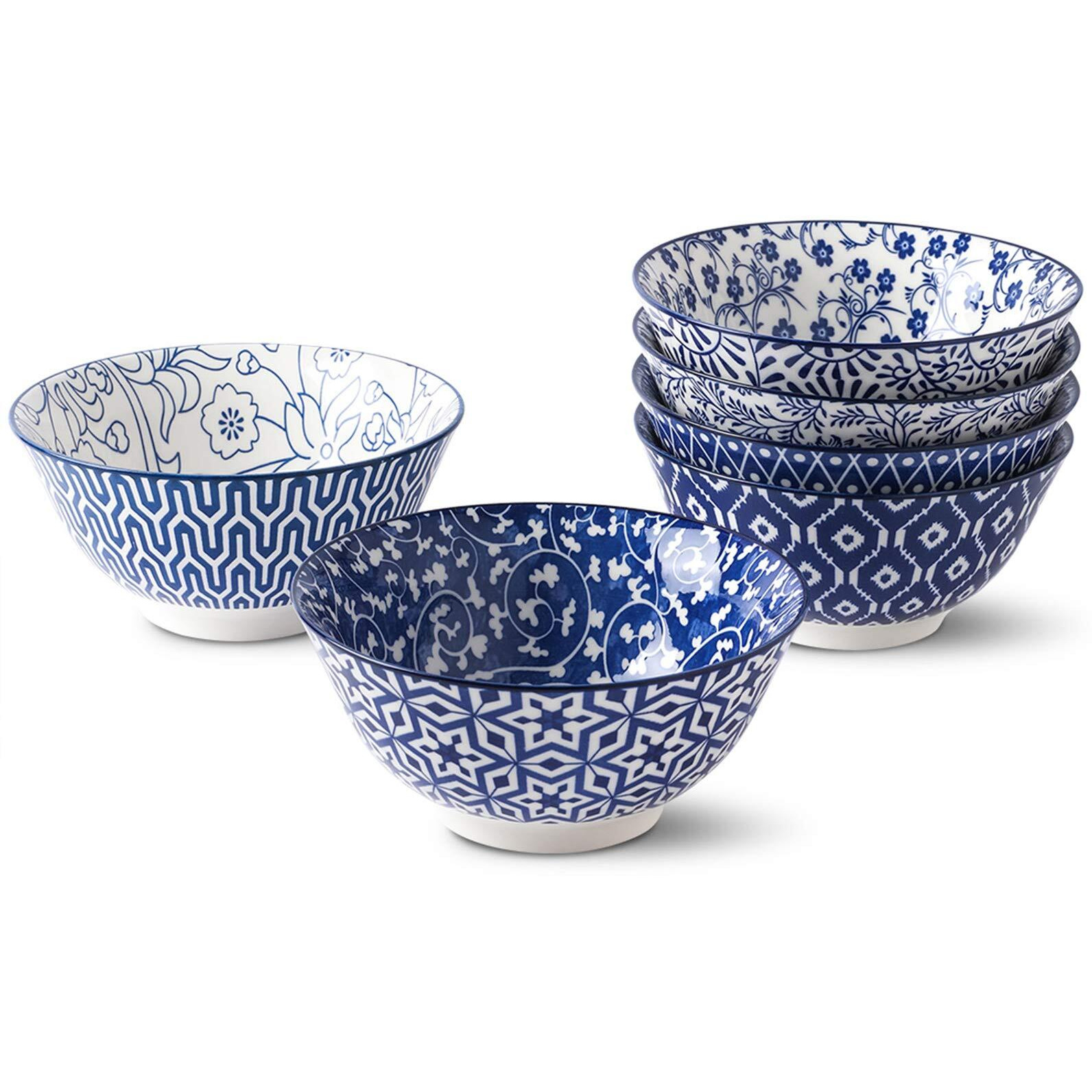Selamica Blue And White Porcelain 20Oz Cereal Bowl Set - Set Of 6, 6 Inch Soup Bowls, Ceramic Bowls For Cereal, Soup, Salad And Pasta, Vintage Blue