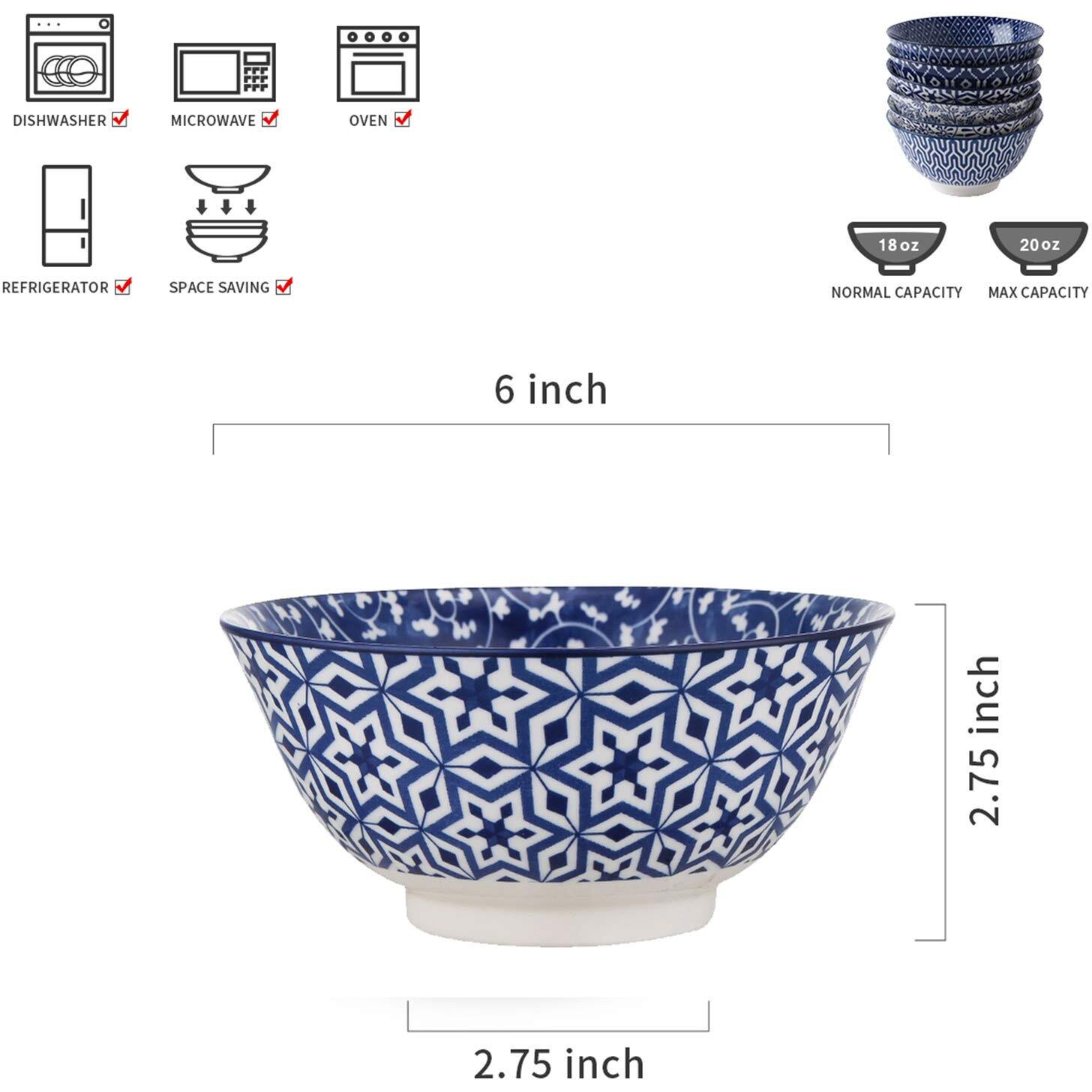 Selamica Blue And White Porcelain 20Oz Cereal Bowl Set - Set Of 6, 6 Inch Soup Bowls, Ceramic Bowls For Cereal, Soup, Salad And Pasta, Vintage Blue