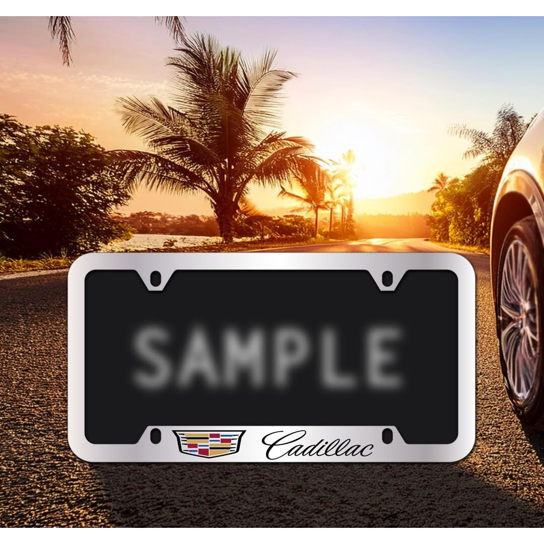 License Frame Inc. Cadillac With Crest Brass License Plate Frame With Chrome Finish (4 Hole)