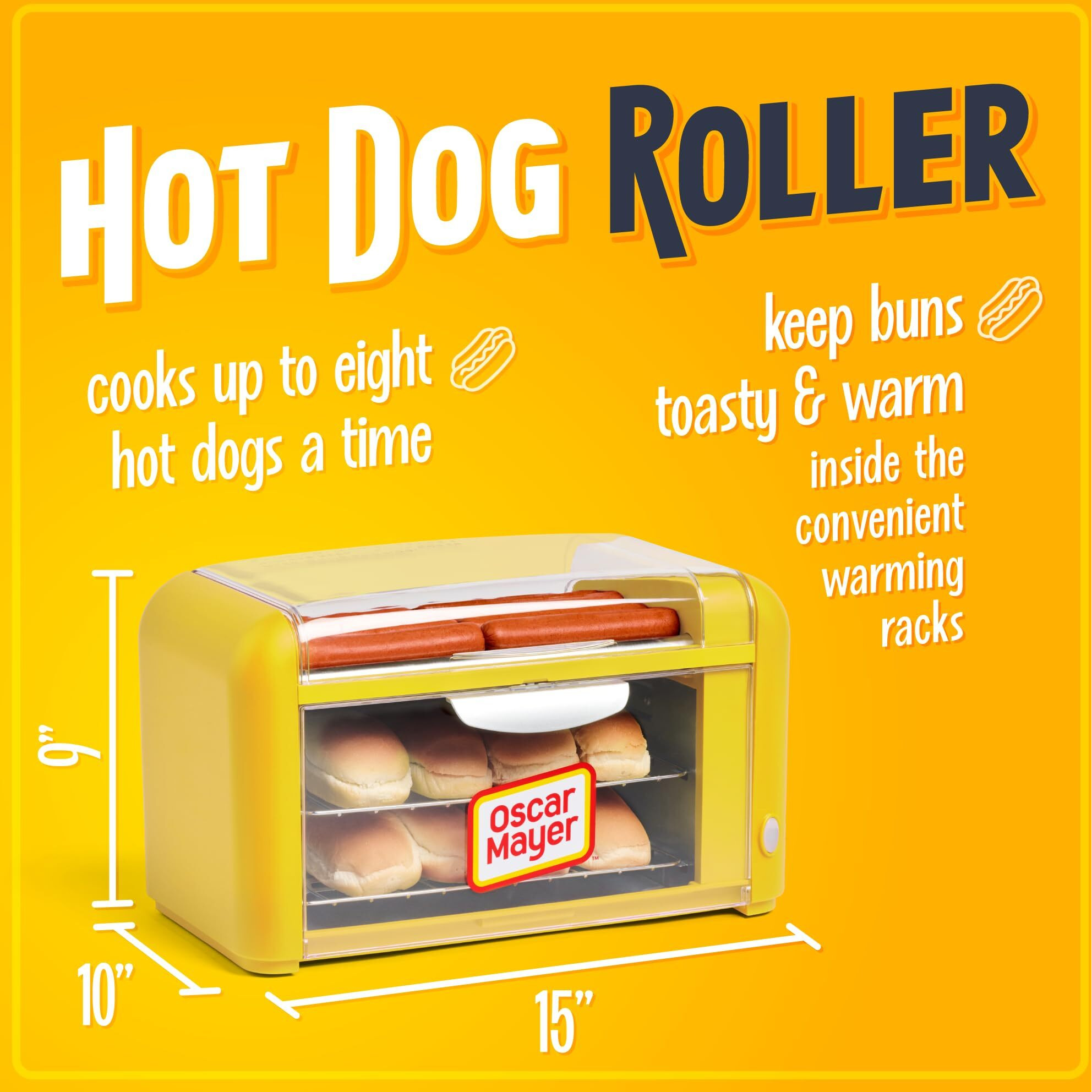 Nostalgia Oscar Mayer Extra Large Countertop 8 Hot Dog Roller And Bun Toaster Oven - Stainless Steel Rollers And Non-Stick Warming Racks - Adjustable Timer