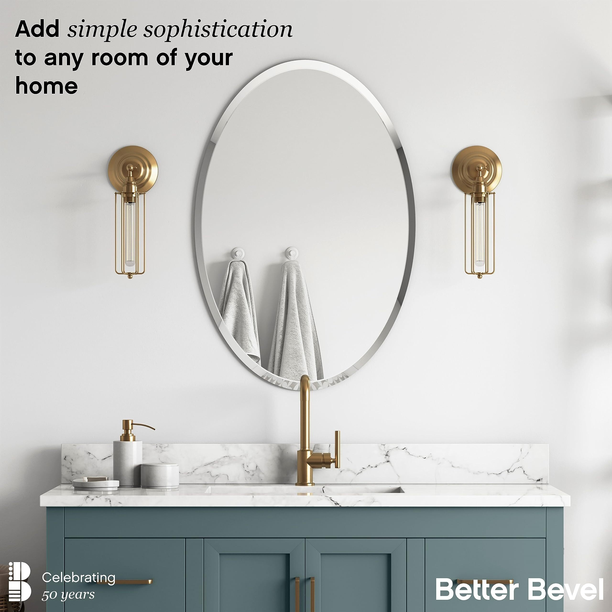 Better Bevel Frameless Oval Mirror, 20"" X 27"" Bathroom Wall Mirror W/Beveled Edge