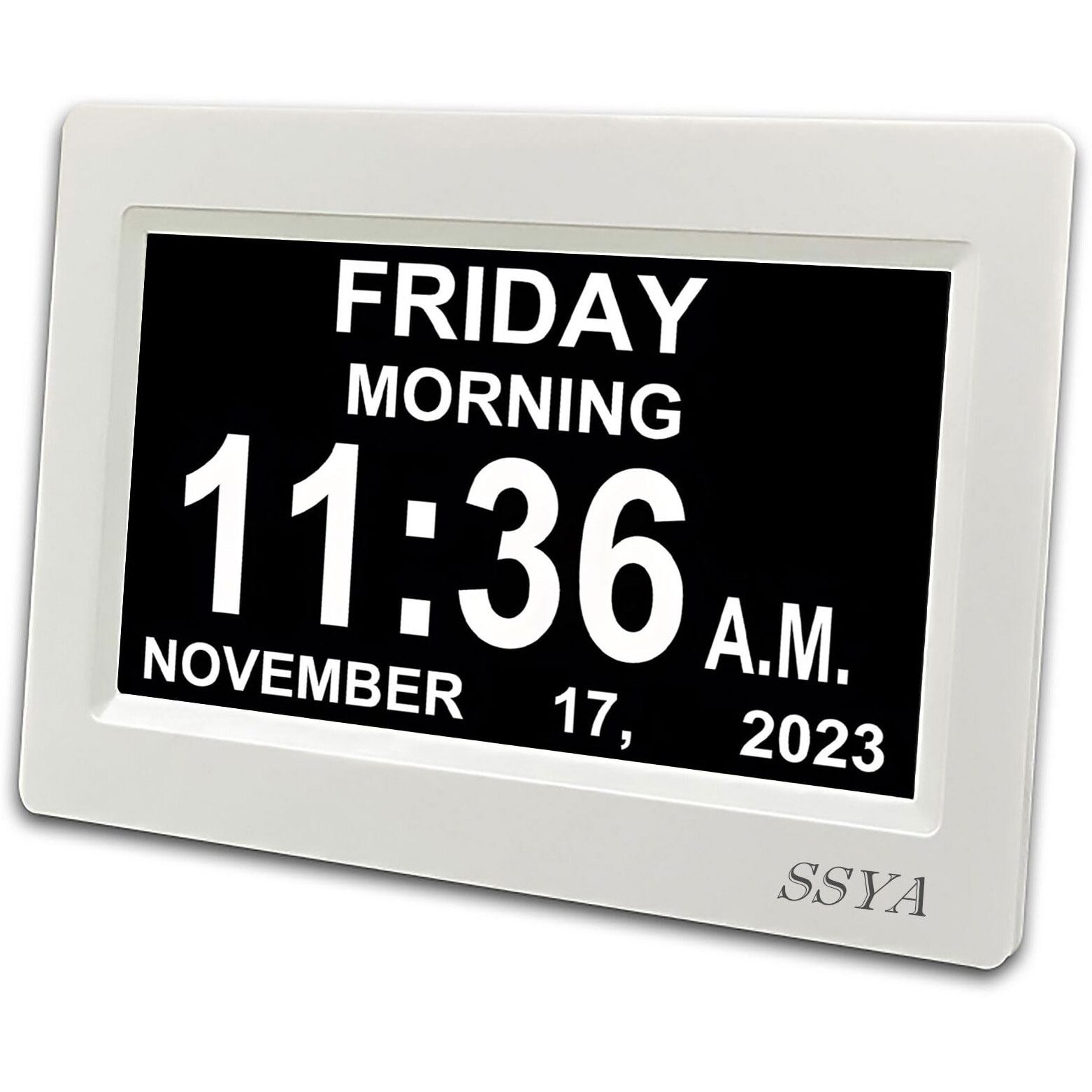 Ssya Digital Calendar Alarm Clock - Dementia Clocks For Vision Impaired, Elderly, Memory Loss Clock With Non-Abbreviated Clock With Date And Day (7 Inch)