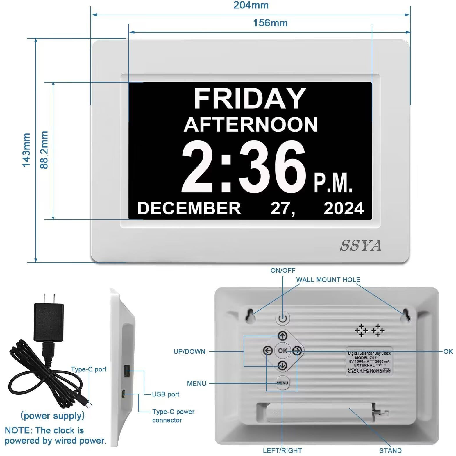 Ssya Digital Calendar Alarm Clock - Dementia Clocks For Vision Impaired, Elderly, Memory Loss Clock With Non-Abbreviated Clock With Date And Day (7 Inch)