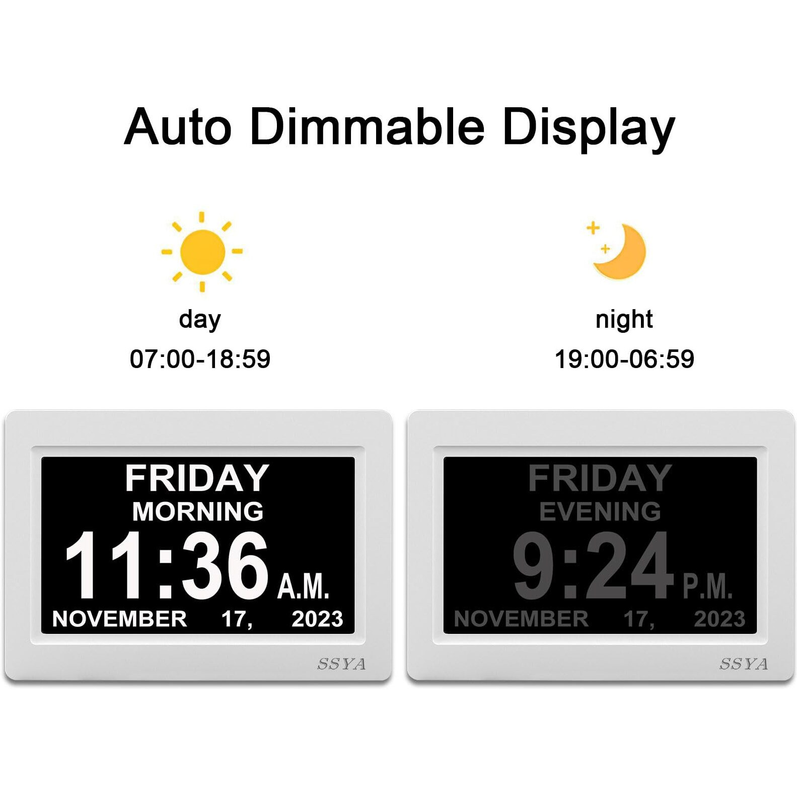Ssya Digital Calendar Alarm Clock - Dementia Clocks For Vision Impaired, Elderly, Memory Loss Clock With Non-Abbreviated Clock With Date And Day (7 Inch)