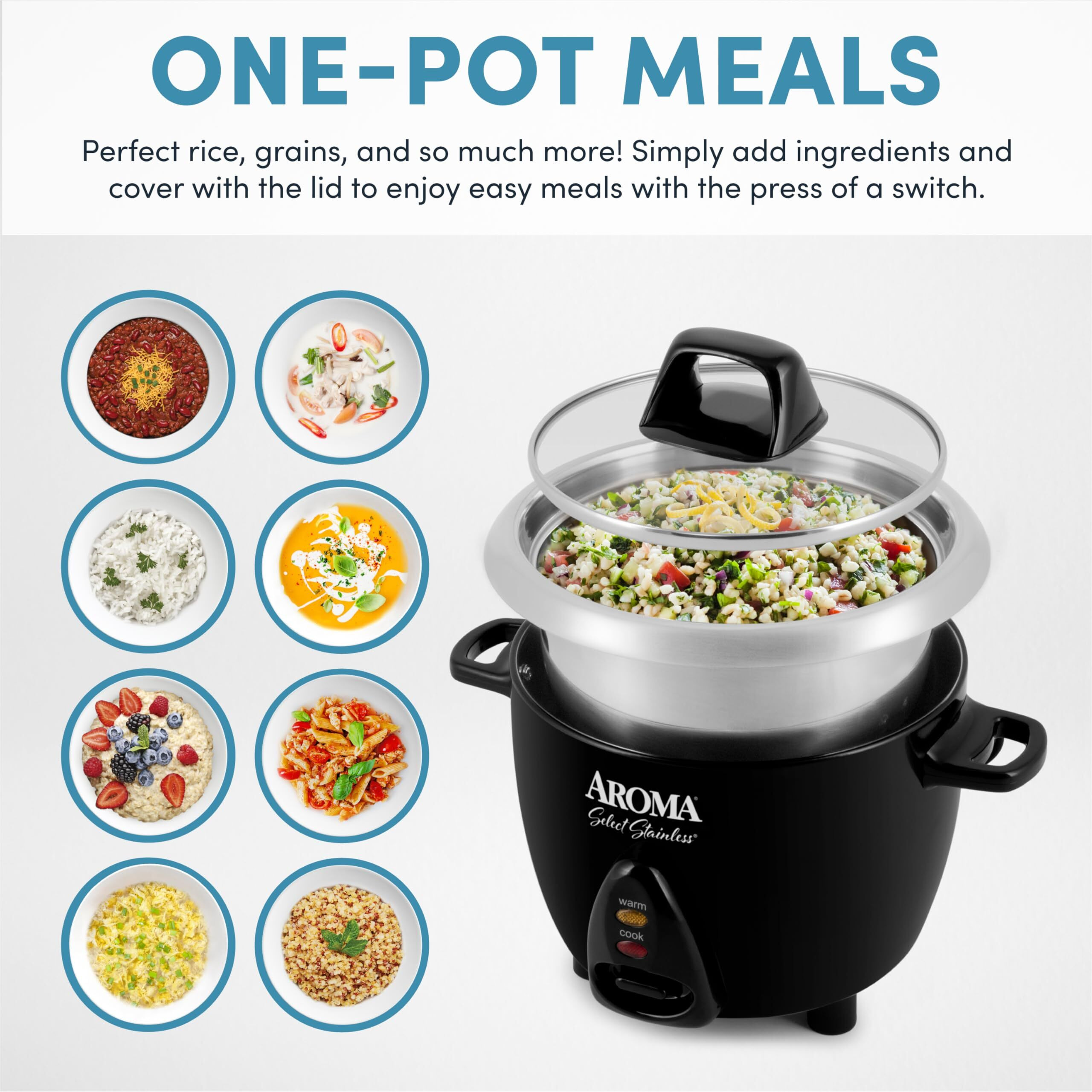 Aroma Housewares Select Stainless Rice Cooker & Warmer With Uncoated Inner Pot, 3-Cup(Uncooked)/6-Cup(Cooked)/ 1.2Qt, Arc-753Sgb, Black