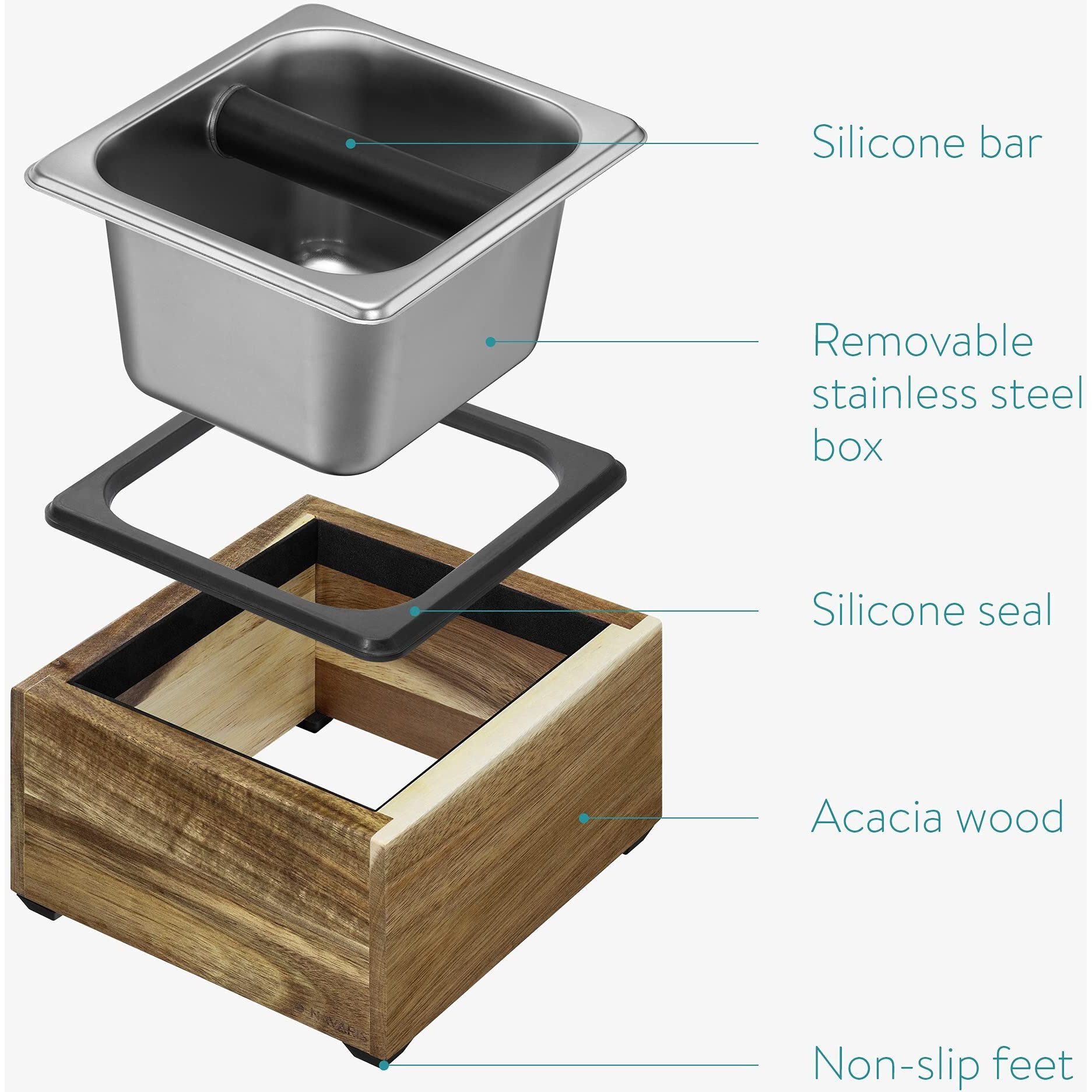 Navaris Coffee Knock Box - Stainless Steel And Wood Bin For Espresso Machine Coffee Grounds - With Silicone Bar For Knocking Portafilter Filter Grinds