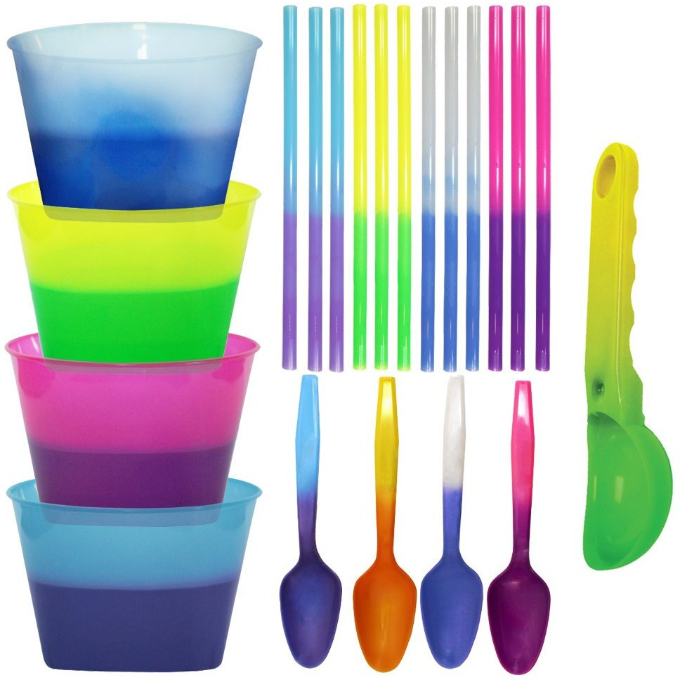 Aakron Color Changing Reusable Ice Cream Kit - 4 Bowls, 4 Spoons, 12 Straws, 1 Scoop - React To Ice Cold Temperatures And Changes From One Vivid Color To Another - Made In Usa