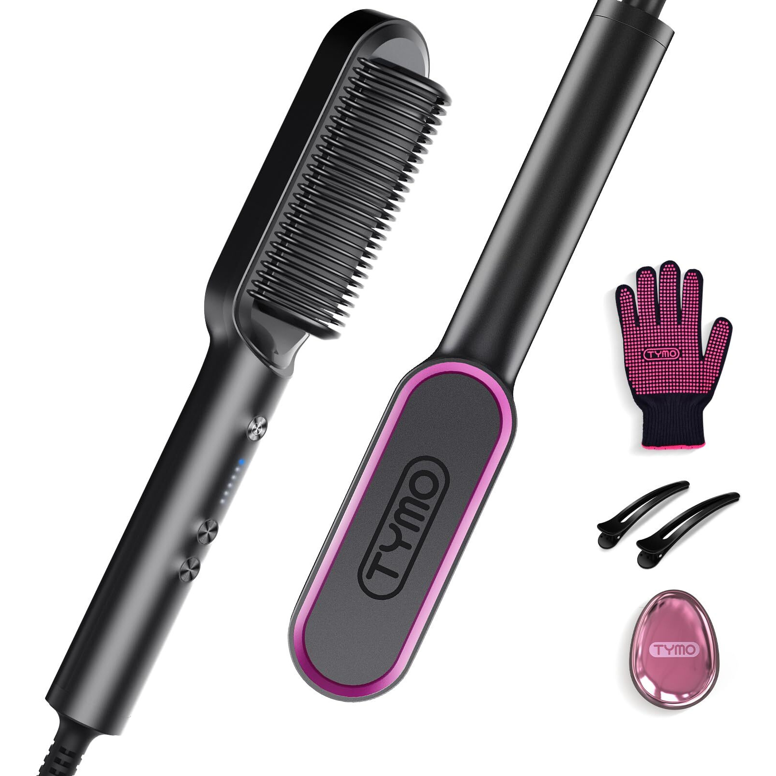 Hair Straightener Brush, Tymo Ring Hair Straightener Comb Straightening Brush For Women With 5 Temps 20S Fast Heating & Dual Voltage, Black