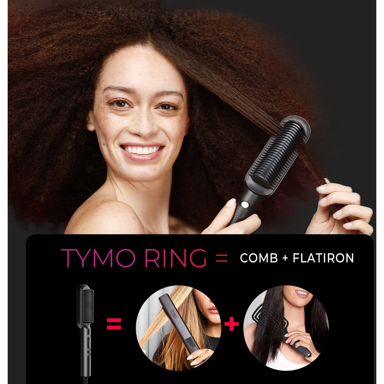 Hair Straightener Brush, Tymo Ring Hair Straightener Comb Straightening Brush For Women With 5 Temps 20S Fast Heating & Dual Voltage, Black