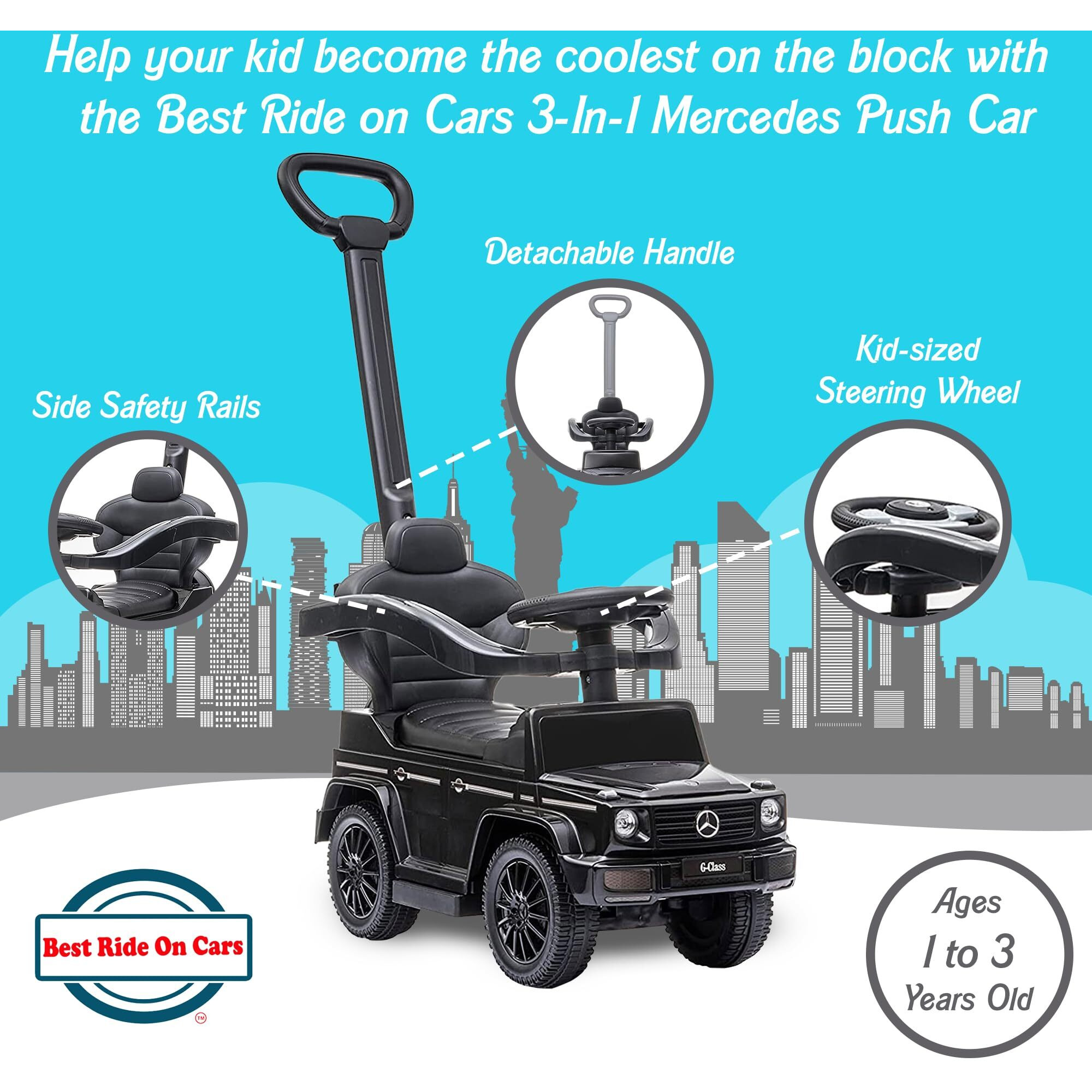 Best Ride On Cars 3 In 1 Mercedes G-Wagon Push Car For Toddlers 1 To 3 Years Old, Kids Outdoor Stroller With Music, Horn Sounds, And Handle, Realistic Driving Experience, Black