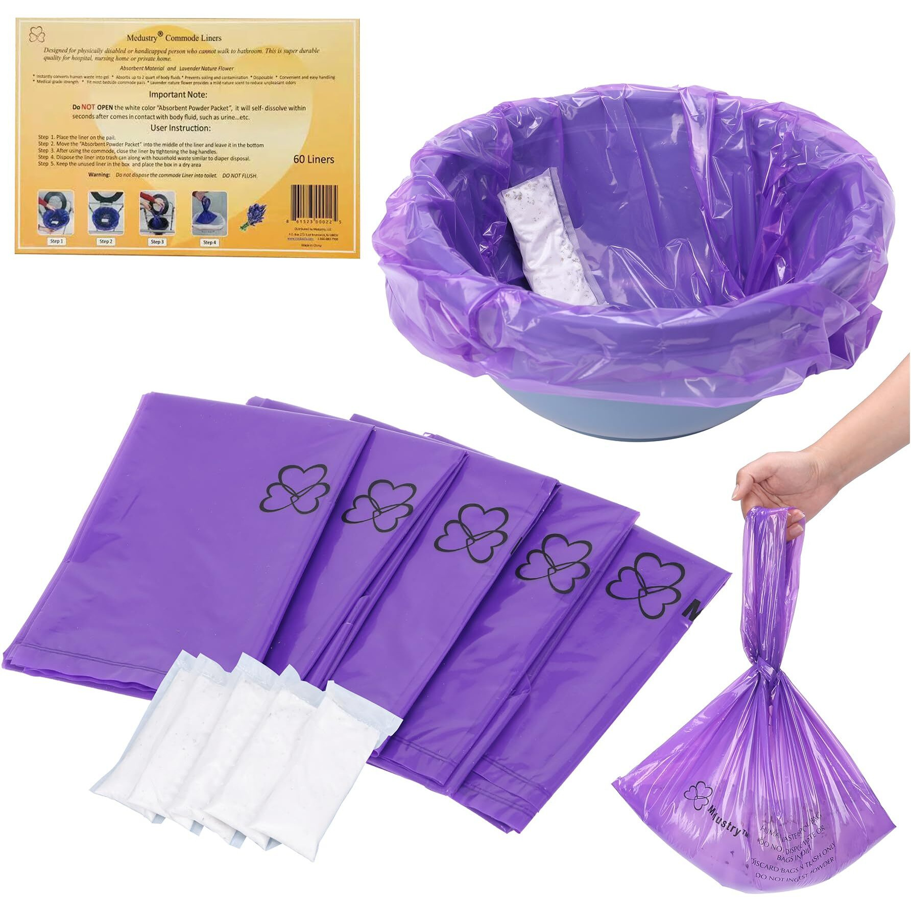 Medustry Commode Liners With Super Absorbent Pad, 60 Liners. Instantly Convert Human Waste Into Gel