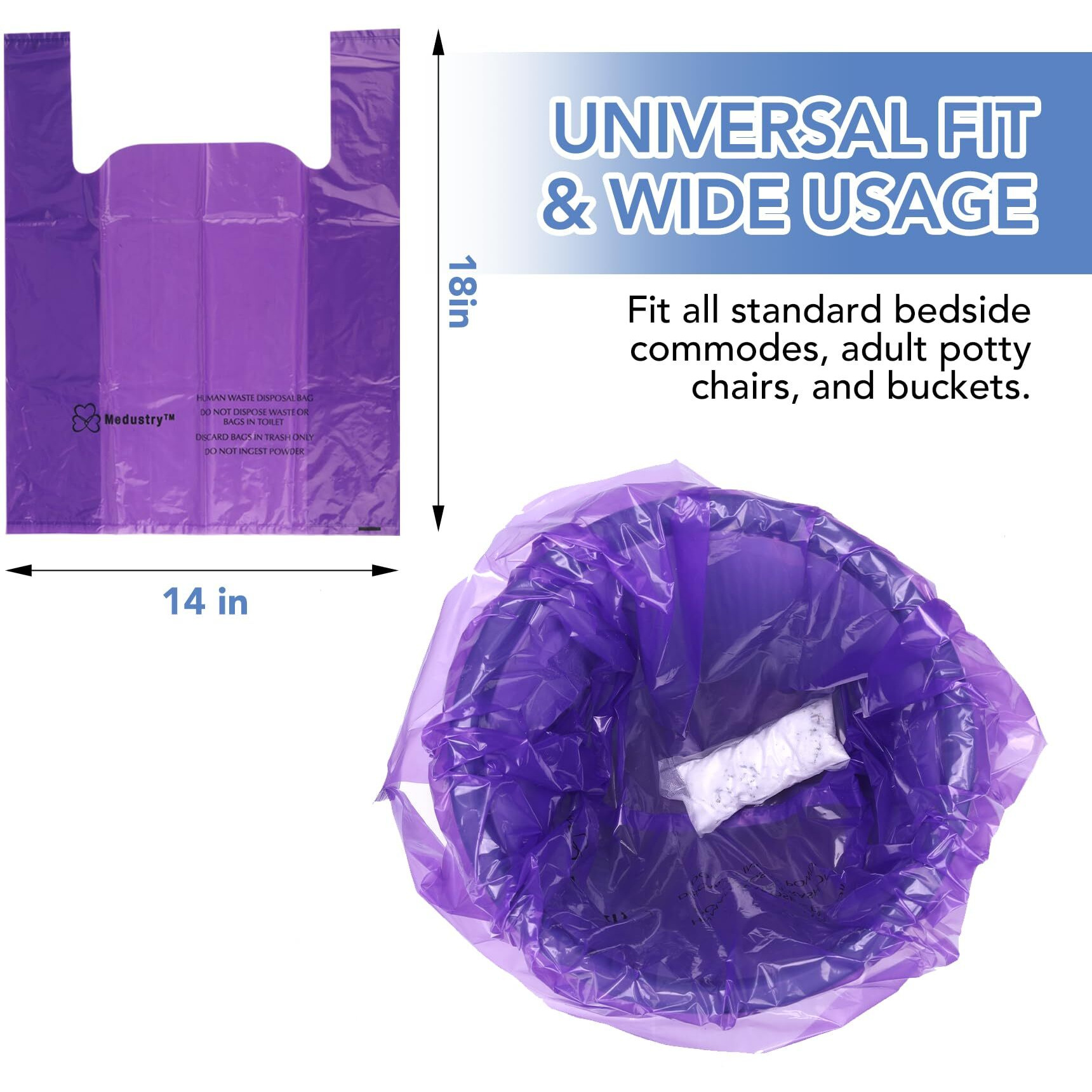 Medustry Commode Liners With Super Absorbent Pad, 60 Liners. Instantly Convert Human Waste Into Gel