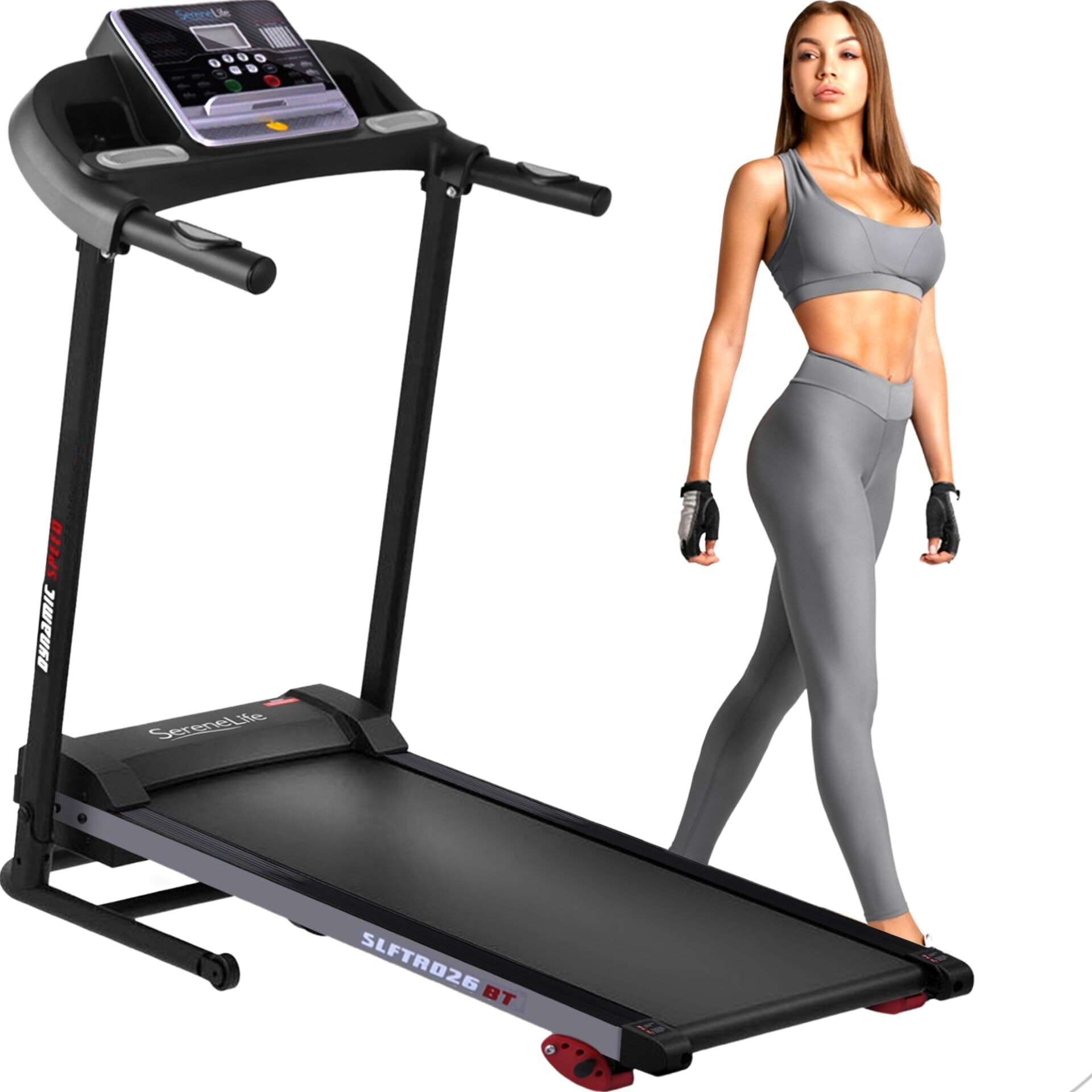 Serenelife Folding Treadmill - Foldable Home Fitness Equipment With Lcd For Walking & Running, 6 Mph Speed, 1Hp Motor, Cardio Machine, 4 Manual Incline Levels, 12 Programs, Bluetooth, 265Lbs Capacity