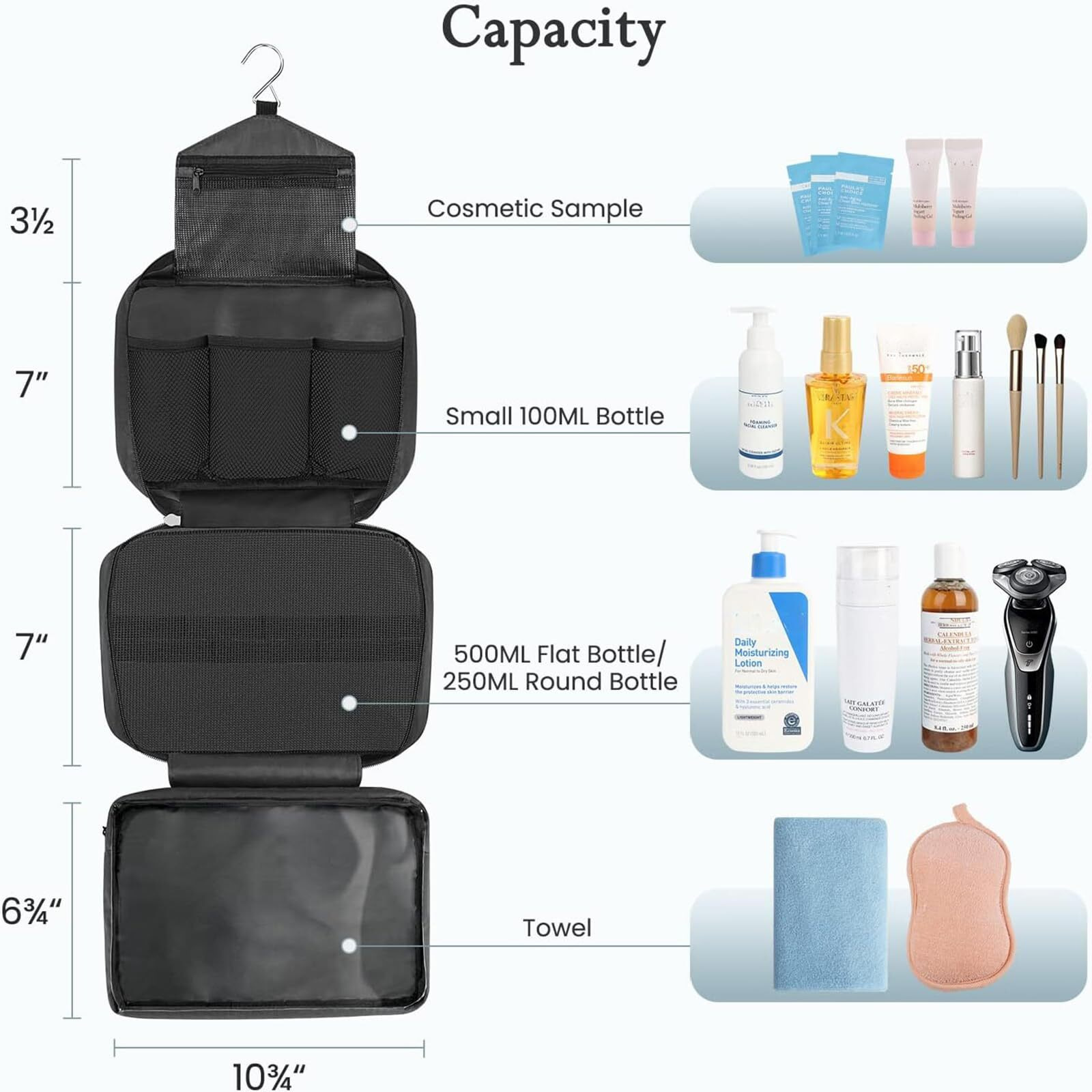 Maliton Toiletry Bag For Men & Women | Large For Traveling | Hanging Compact Hygiene Bag With 4 Compartments | Waterproof Bathroom Shower Bag (Black)