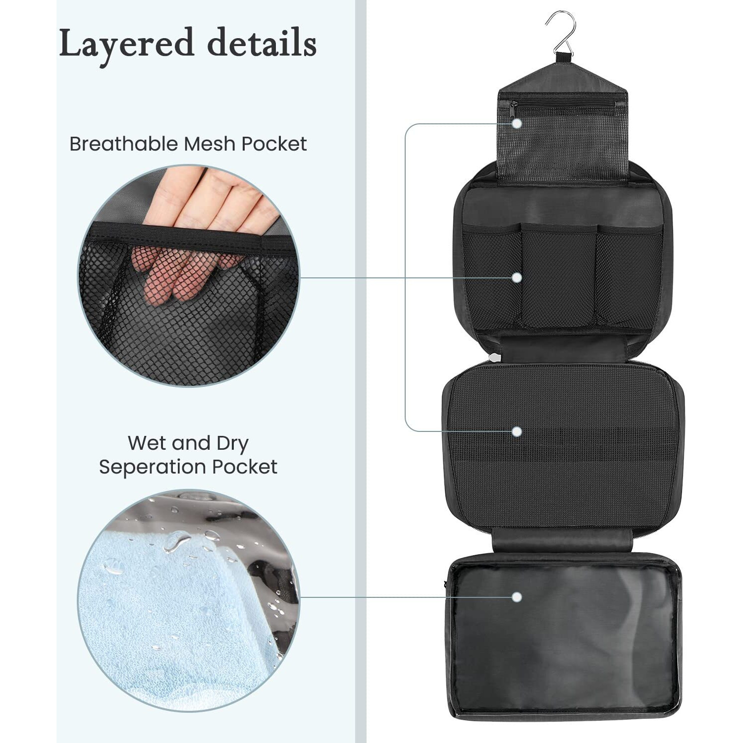 Maliton Toiletry Bag For Men & Women | Large For Traveling | Hanging Compact Hygiene Bag With 4 Compartments | Waterproof Bathroom Shower Bag (Black)