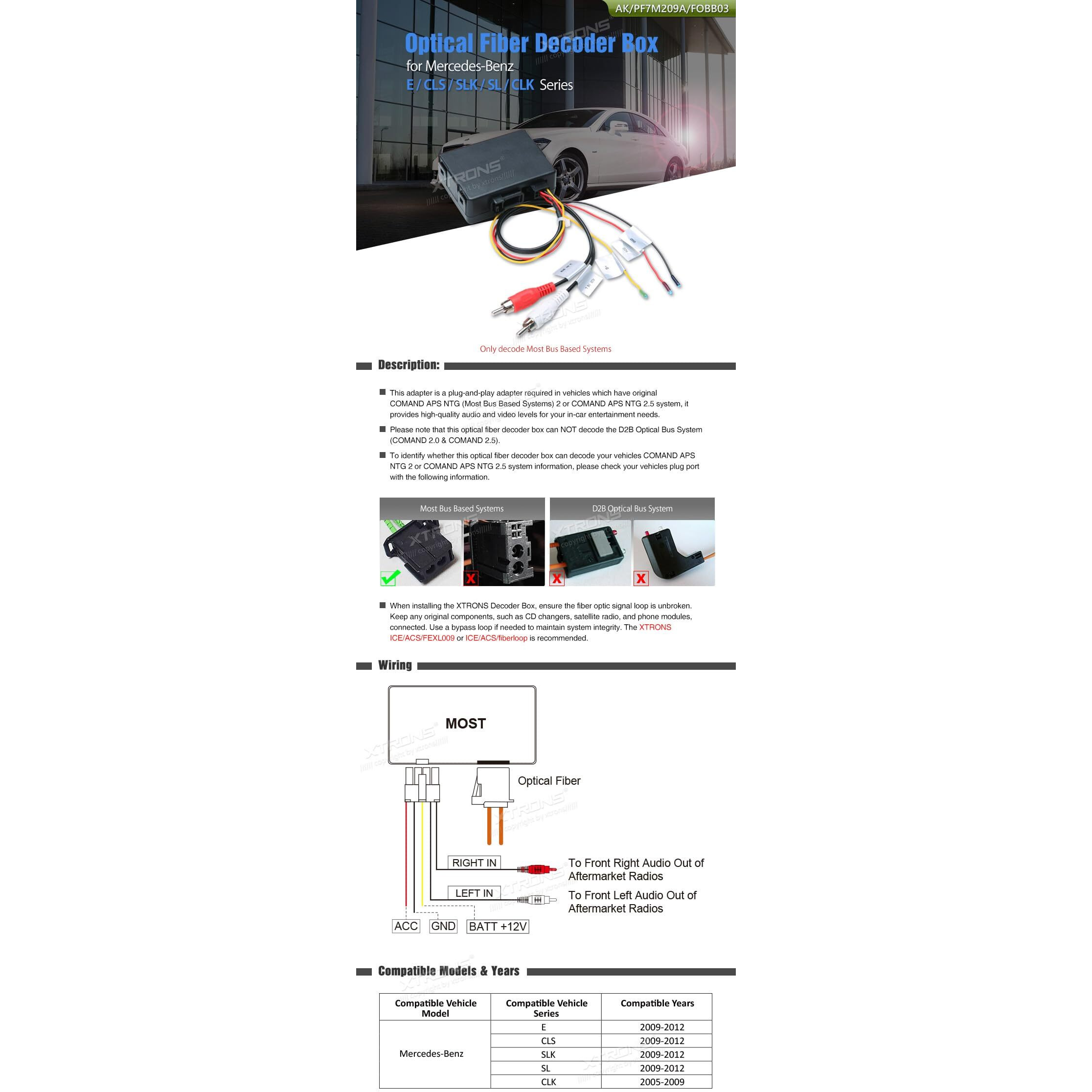 Xtrons Optical Fiber Decoder Box For Mercedes-Benz E/Cls/Slk/Sl/Clk Series (Only Decode Most Bus Based System)