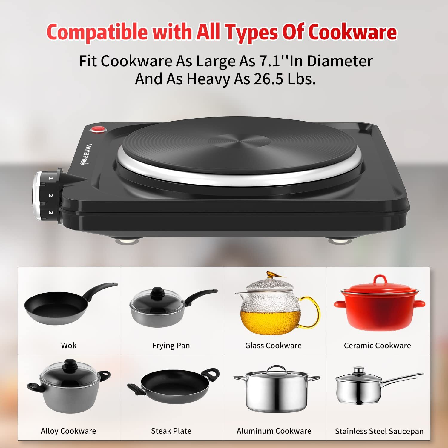 Vayepro Hot Plate, 1500W Portable Electric Stove, Single Electirc Cooktop,Portable Burner For Cooking, Cooktop For Dorm Office Home Camp, Ul Listed,Compatible With All Cookware