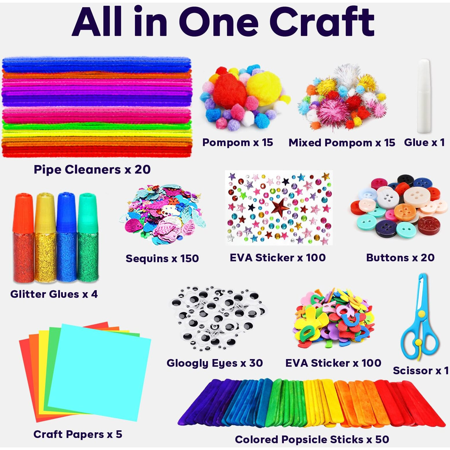 Funzbo Arts And Crafts Supplies For Kids - Craft Kit With Glitter Glue Stick, Valentine Pipe Cleaners Craft & Craft Tools, Diy School Supplies Kit, Girls Toys, Gifts For Girls And Boys Age 4+