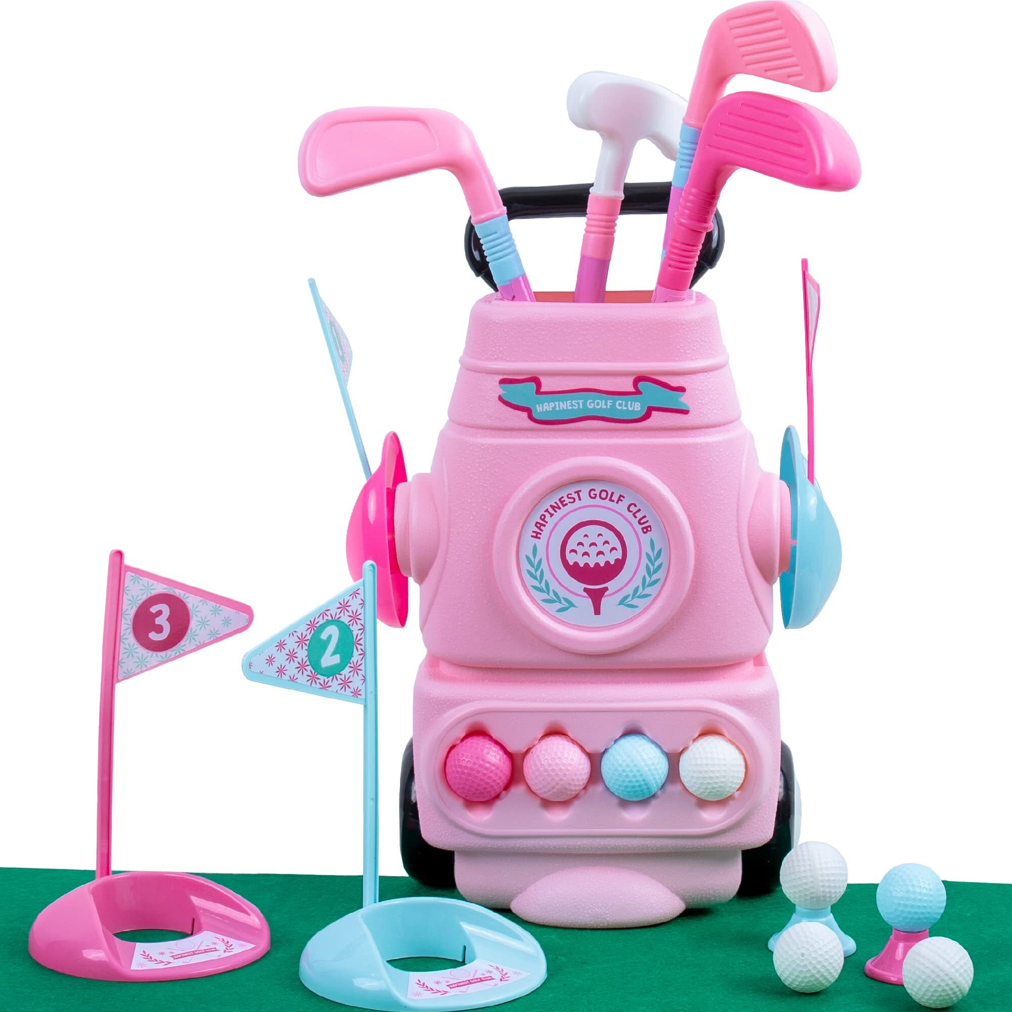 Hapinest Girl Toddler Golf Set, Mini Golf Set For Kids Girls Golf Clubs 8 Balls, 4 Clubs Putting Green Holes Bag Tees & Flags, Outdoor/Indoor Kids Golf Set Toy, Kids Golf Clubs 3-5 Years Old