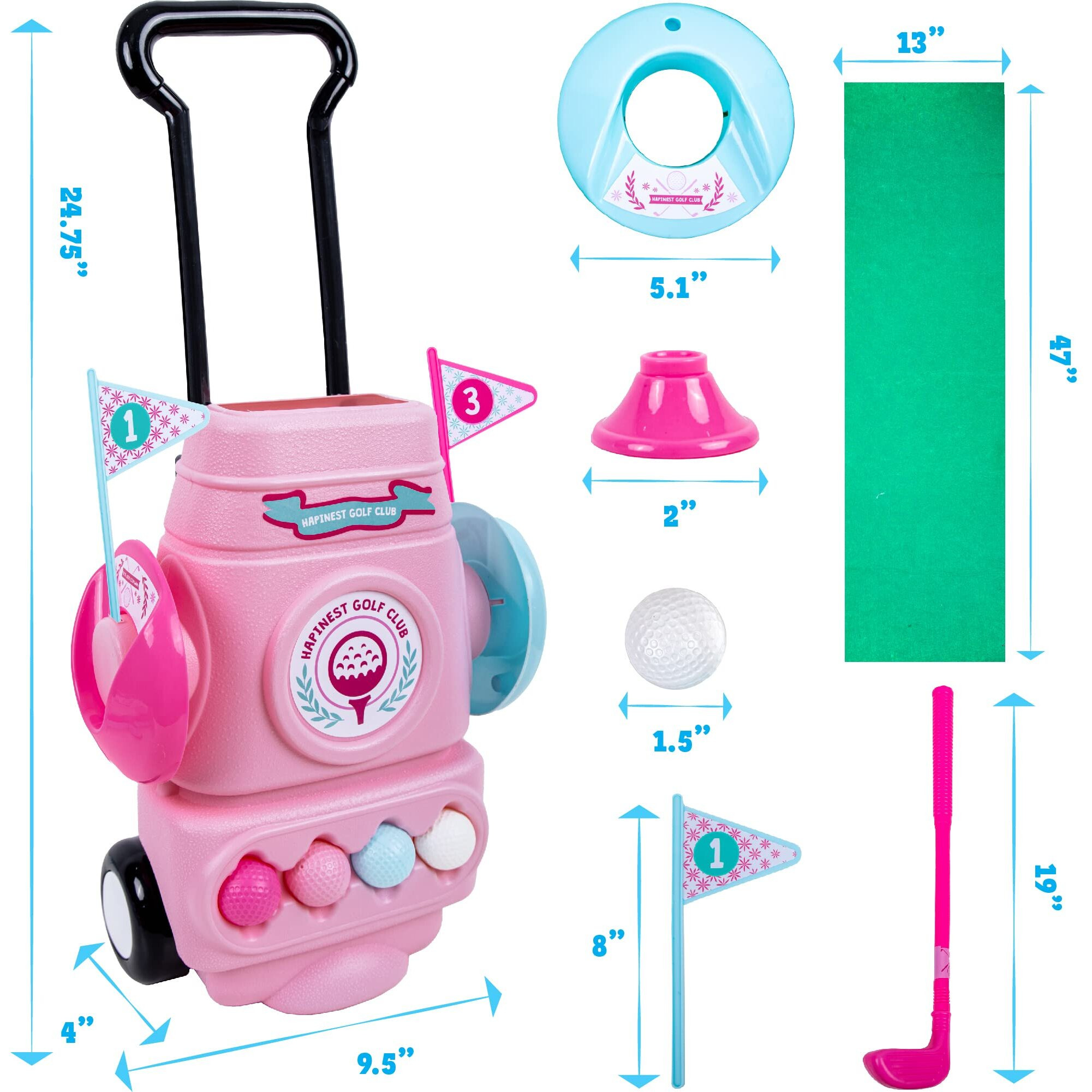 Hapinest Girl Toddler Golf Set, Mini Golf Set For Kids Girls Golf Clubs 8 Balls, 4 Clubs Putting Green Holes Bag Tees & Flags, Outdoor/Indoor Kids Golf Set Toy, Kids Golf Clubs 3-5 Years Old