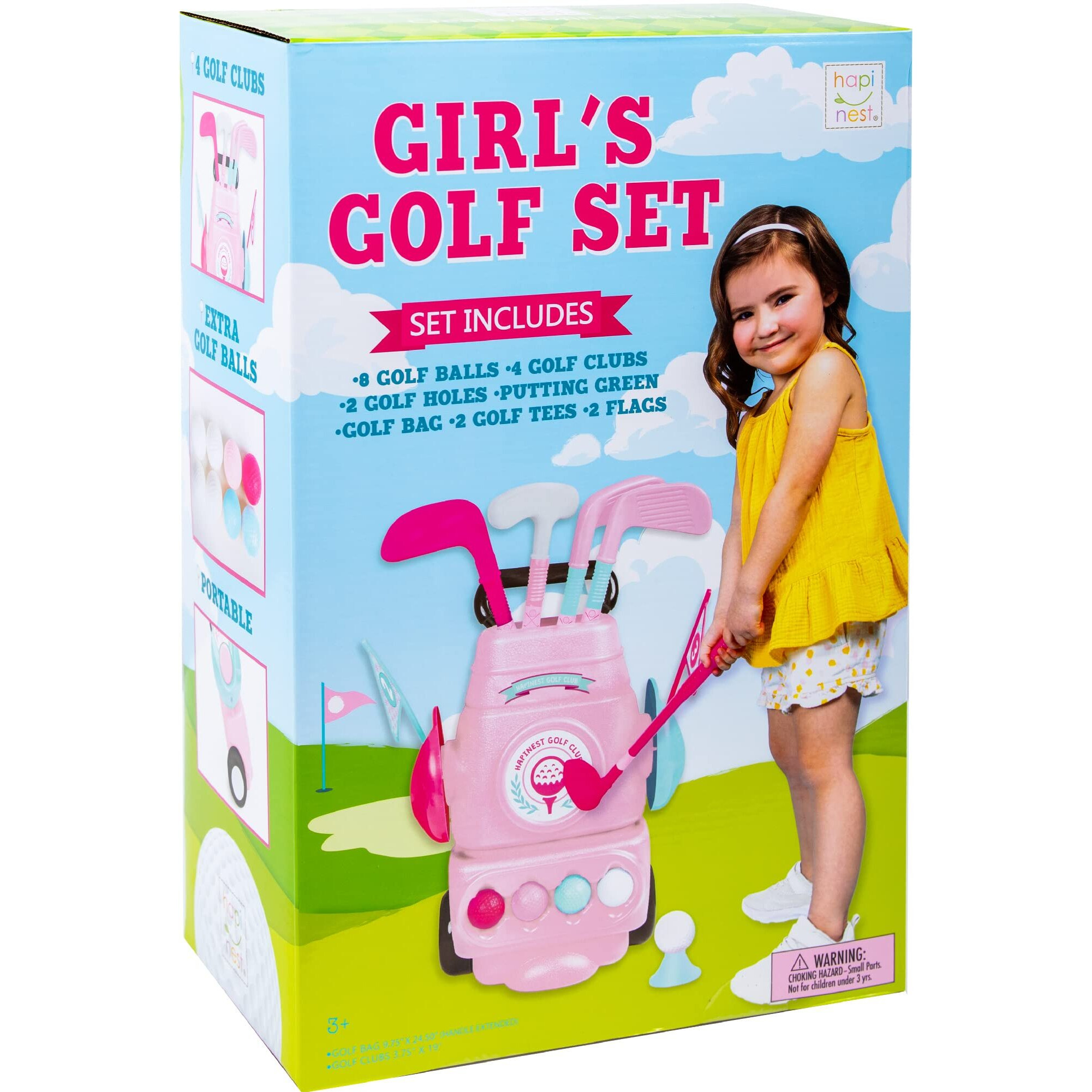 Hapinest Girl Toddler Golf Set, Mini Golf Set For Kids Girls Golf Clubs 8 Balls, 4 Clubs Putting Green Holes Bag Tees & Flags, Outdoor/Indoor Kids Golf Set Toy, Kids Golf Clubs 3-5 Years Old