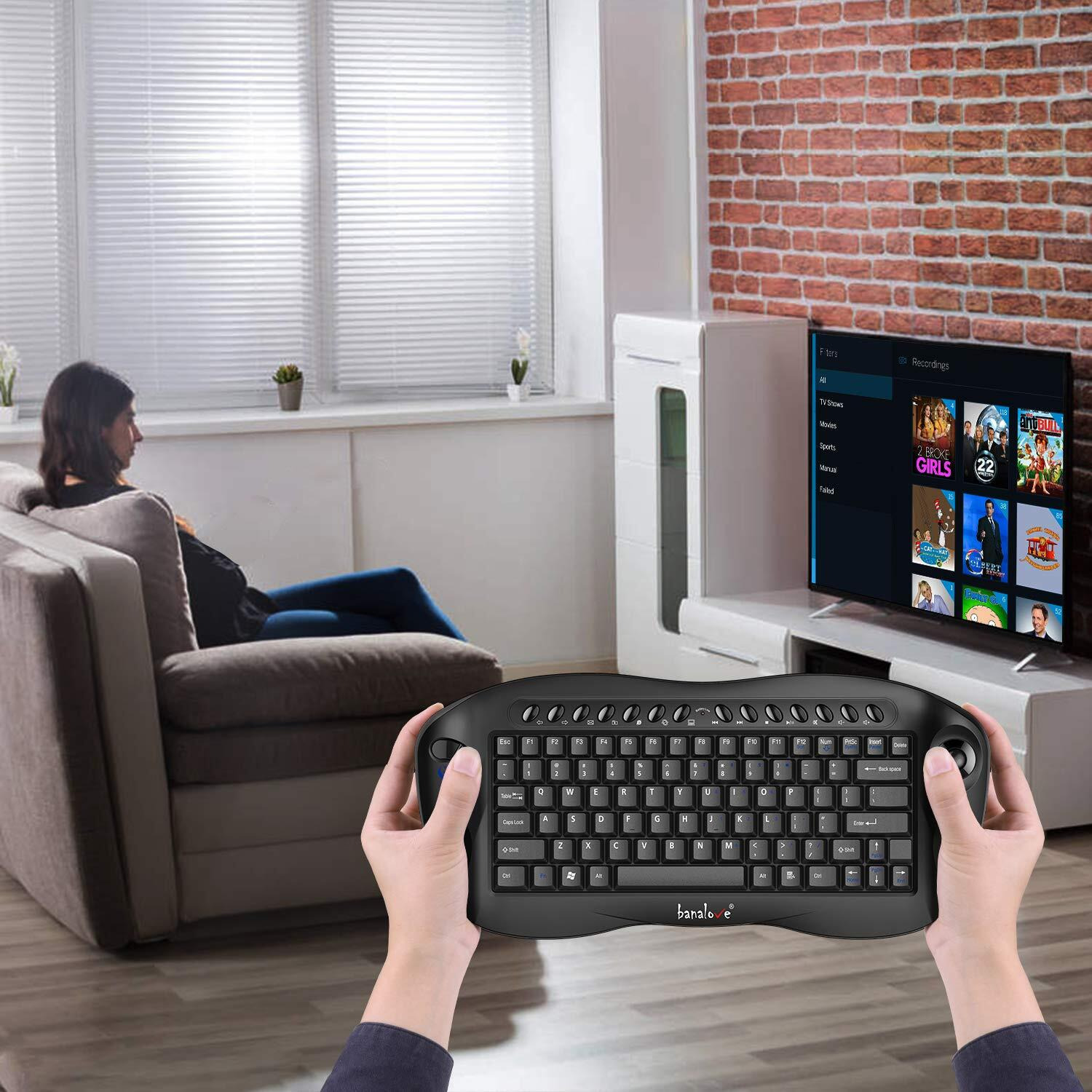 Banalove 2.4Ghz Wireless Mini Portable Keyboard With Built-In Trackball Mouse Combo, Htpc/Smart Tv Multimedia Keyboard (Black)