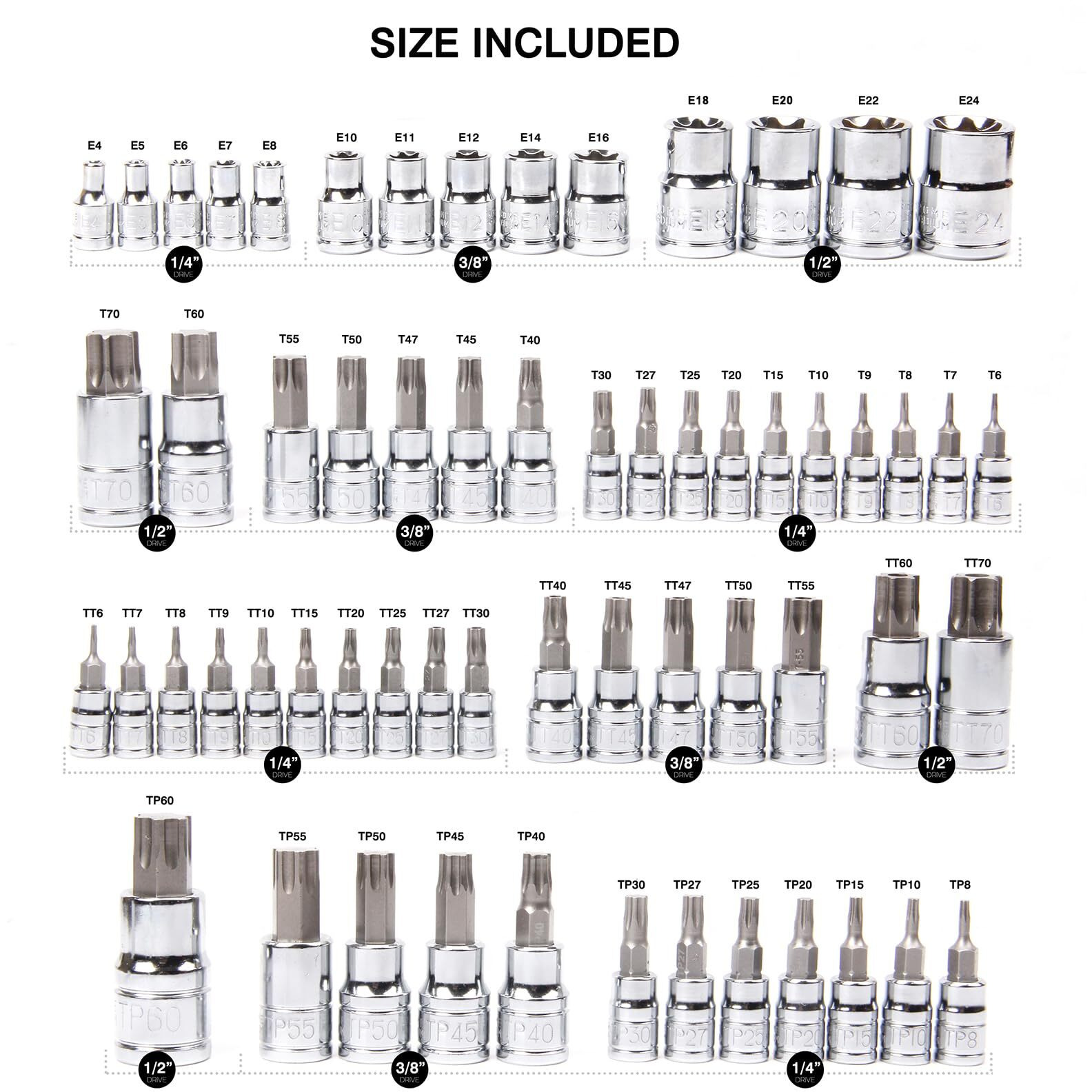 Casoman Master Torx Bit Socket And External Torx Socket Set, 60-Piece Set, S2 And Cr-V Steel,E4-E24, T6-T70,Tt6-Tt70,Tp8-Tp60