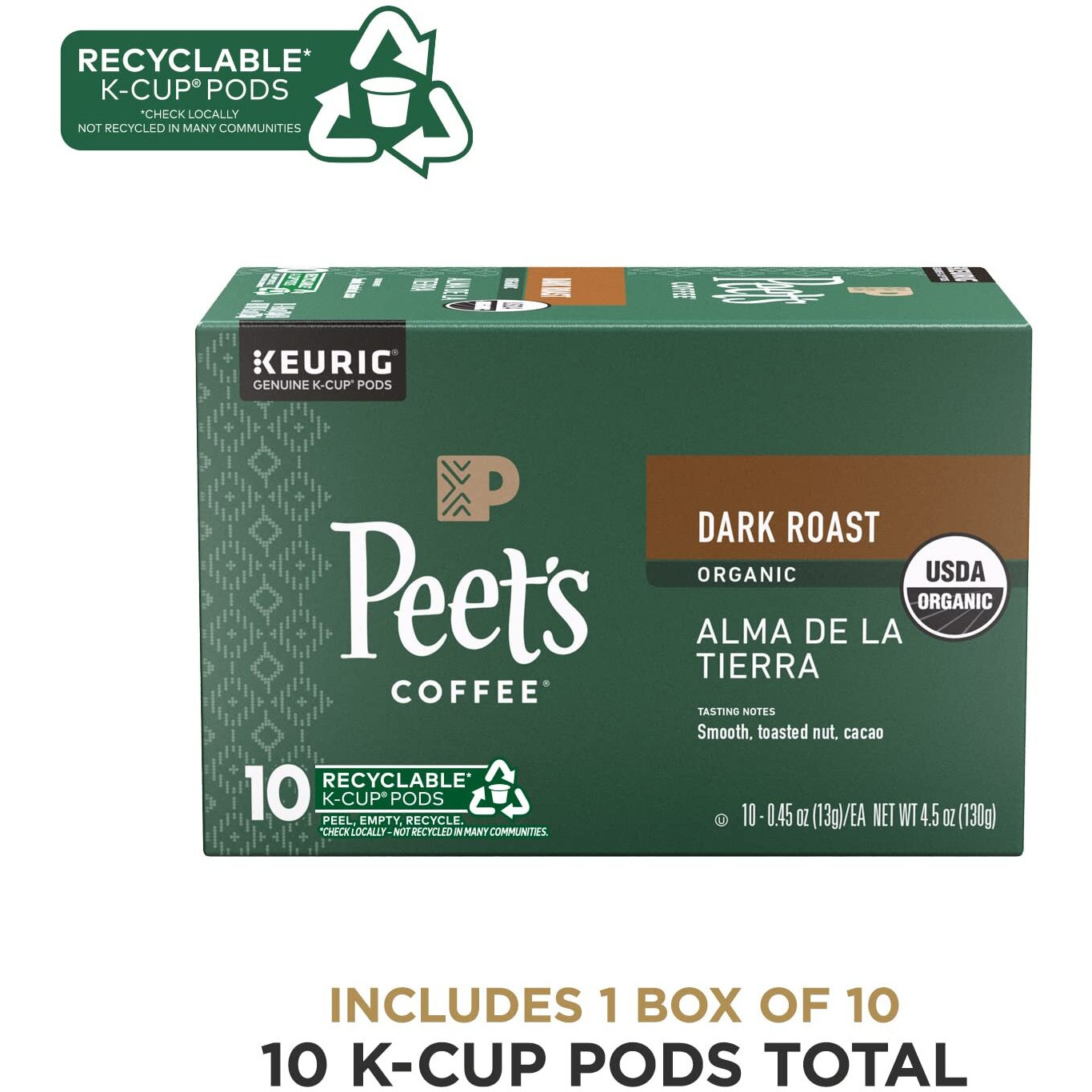 Peet's Coffee, Dark Roast K-Cup Pods For Keurig Brewers - Organic Alma De La Tierra, Usda Organic 10 Count (1 Box Of 10 K-Cup Pods)
