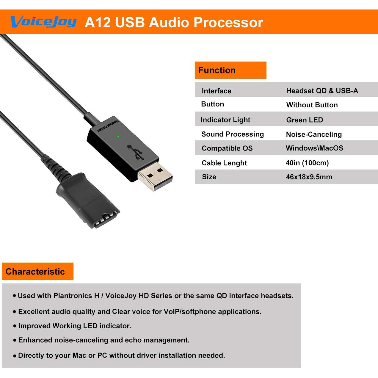 Voicejoy Usb Adapter Compatible With Plantronics Quick Disconnect (Qd) Wired Headset (Connects Headset To Pc, Laptop And Softphones)