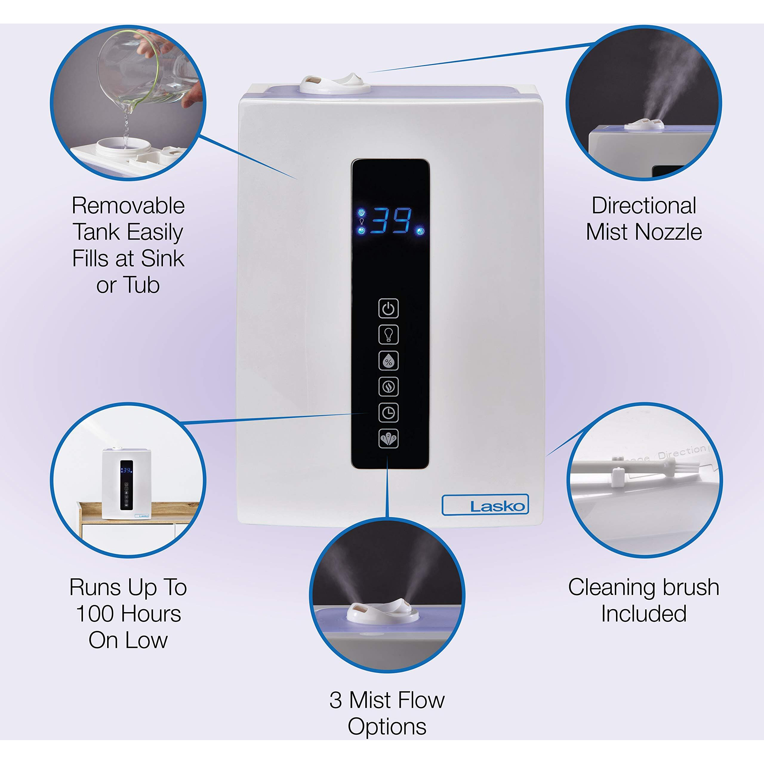 Lasko Uh300 Warm And Cool Mist Humidifier With Humidistat And Timer, Quiet, Soothing Ultrasonic Dual Mist Humidifiers For Baby Nursery, Bedroom, Kids, Large Room And Home, 4.9L Tank, No Filter