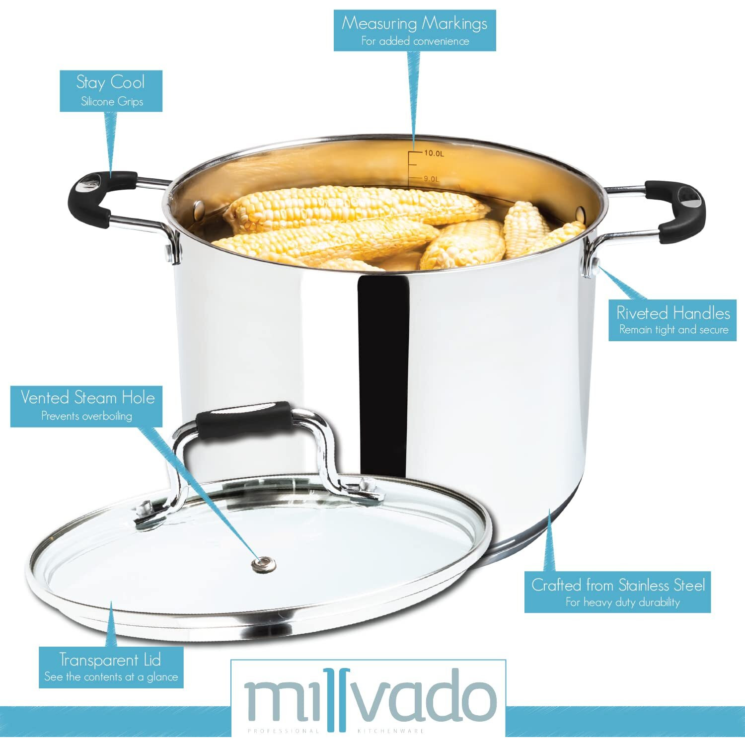 Millvado Stock Pot, Large Stainless Steel 11 Quart Stockpot, Large Cooking Pot, Clear Glass Lid And Measurement Markings, Steam Hole, Induction, Gas, Electric Compatible Big Boiling Pot