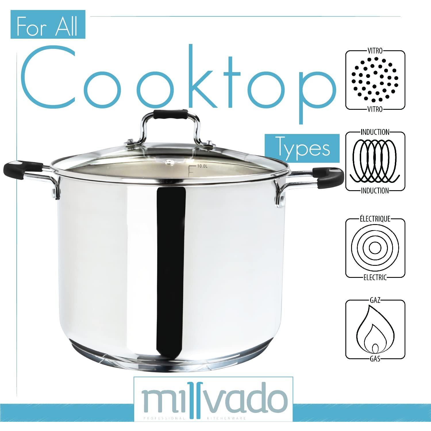 Millvado Stock Pot, Large Stainless Steel 11 Quart Stockpot, Large Cooking Pot, Clear Glass Lid And Measurement Markings, Steam Hole, Induction, Gas, Electric Compatible Big Boiling Pot