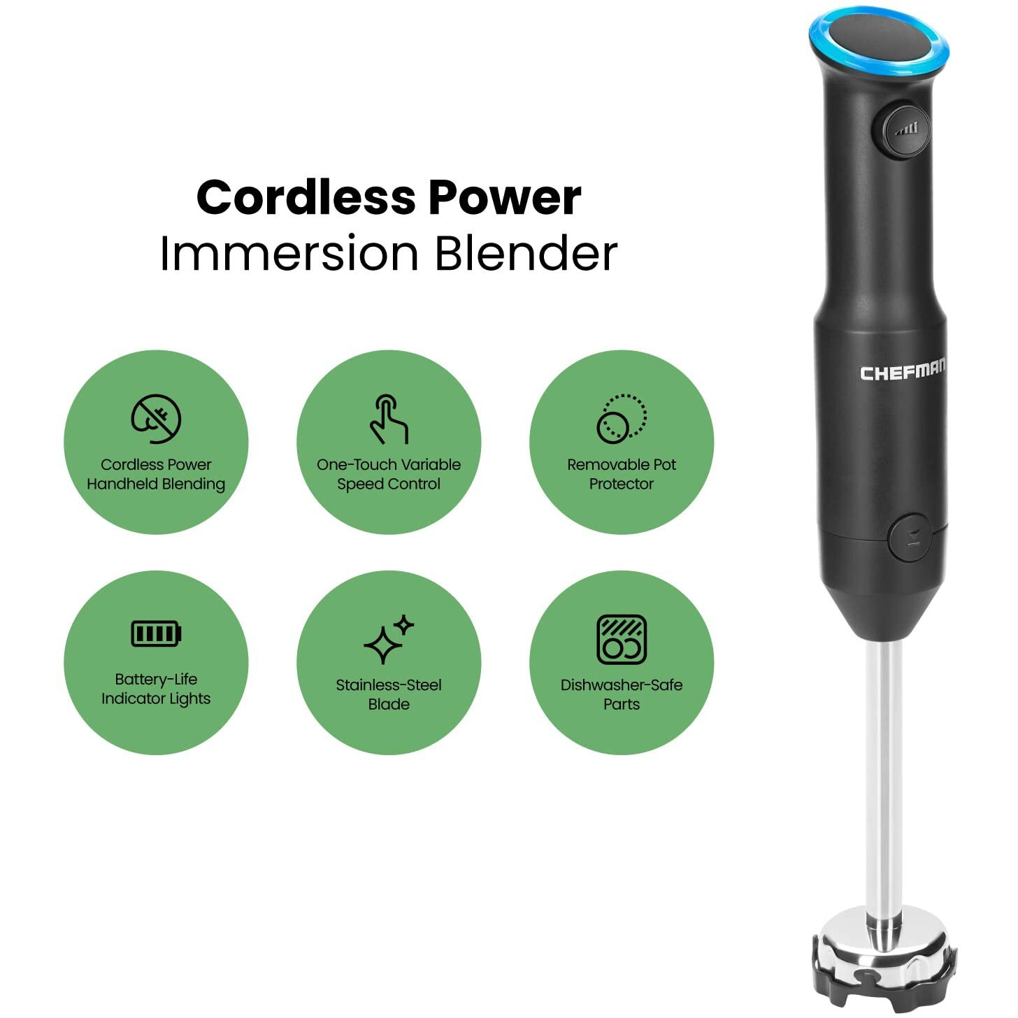 Chefman Cordless Portable Immersion Blender With One-Touch Speed Control - Quick Mix For Shakes, Smoothies, Soups, Dips, Sauces - Black - Stainless Steel Blades - Bpa-Free - Dishwasher Safe
