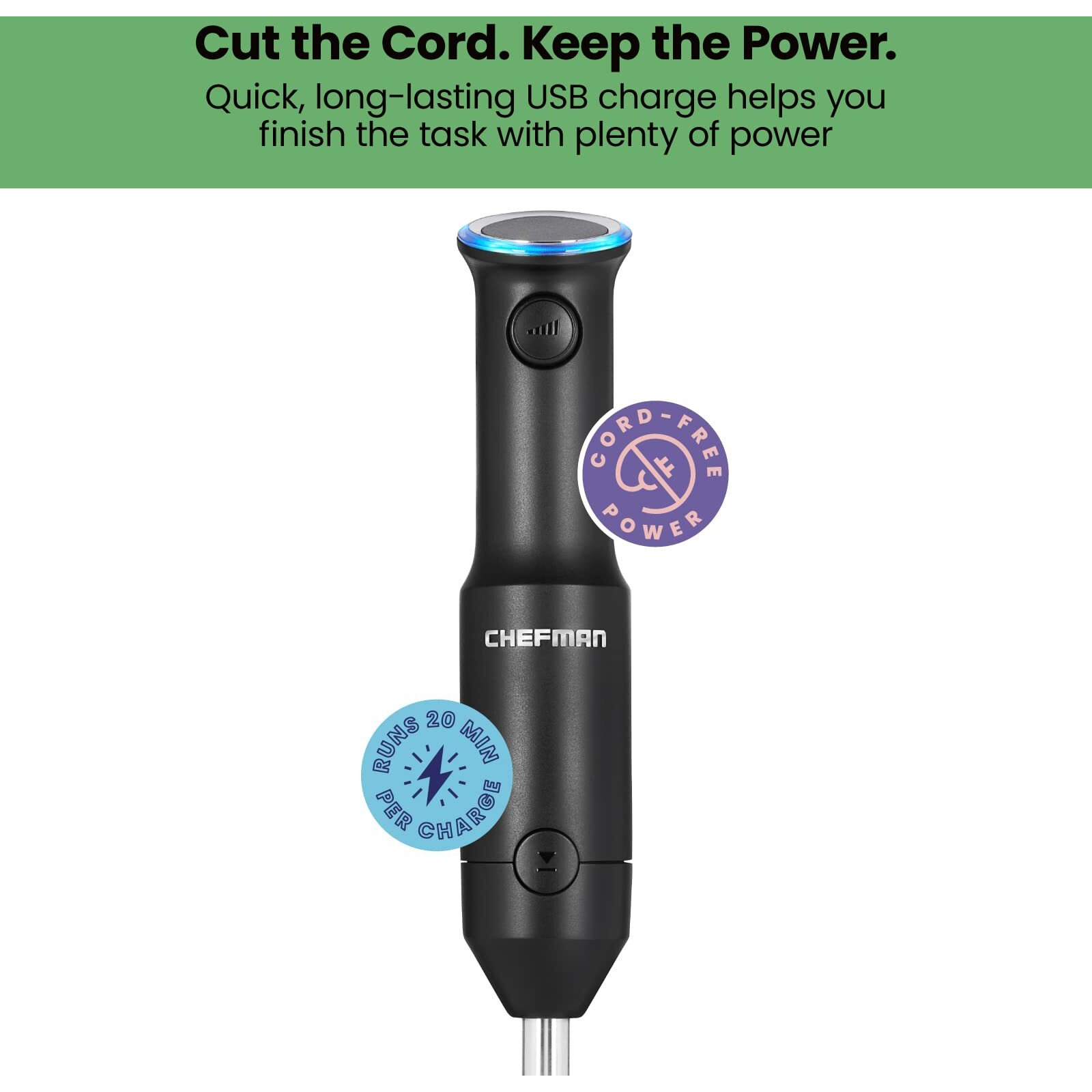 Chefman Cordless Portable Immersion Blender With One-Touch Speed Control - Quick Mix For Shakes, Smoothies, Soups, Dips, Sauces - Black - Stainless Steel Blades - Bpa-Free - Dishwasher Safe