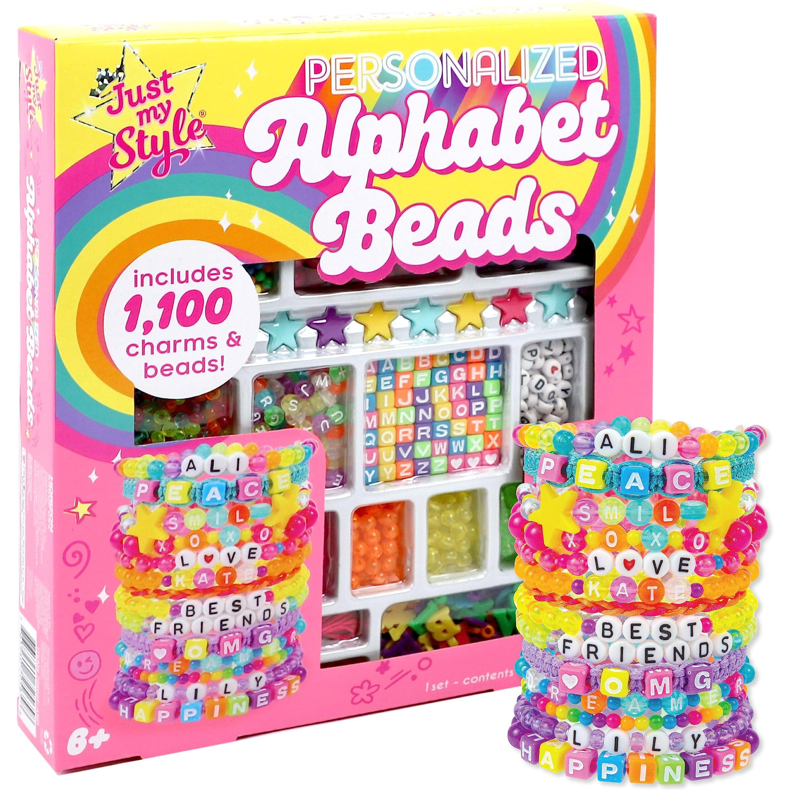 Just My Style Abc Beads By Horizon Group Usa, 1000+ Charms & Beads, Alphabet Charms, Accent Seed Star Wax Beading Cord, Satin Cord Key Ring Included, Bright, Small