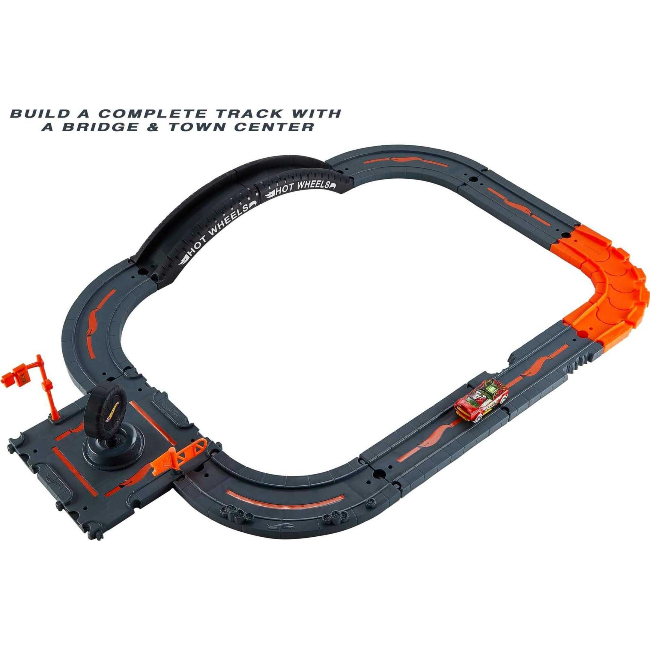 Hot Wheels Toy Car Track Set Pack, 10 Track-Building Parts With City Square, Bridge & 164 Scale Vehicle, Connects To Other Tracks
