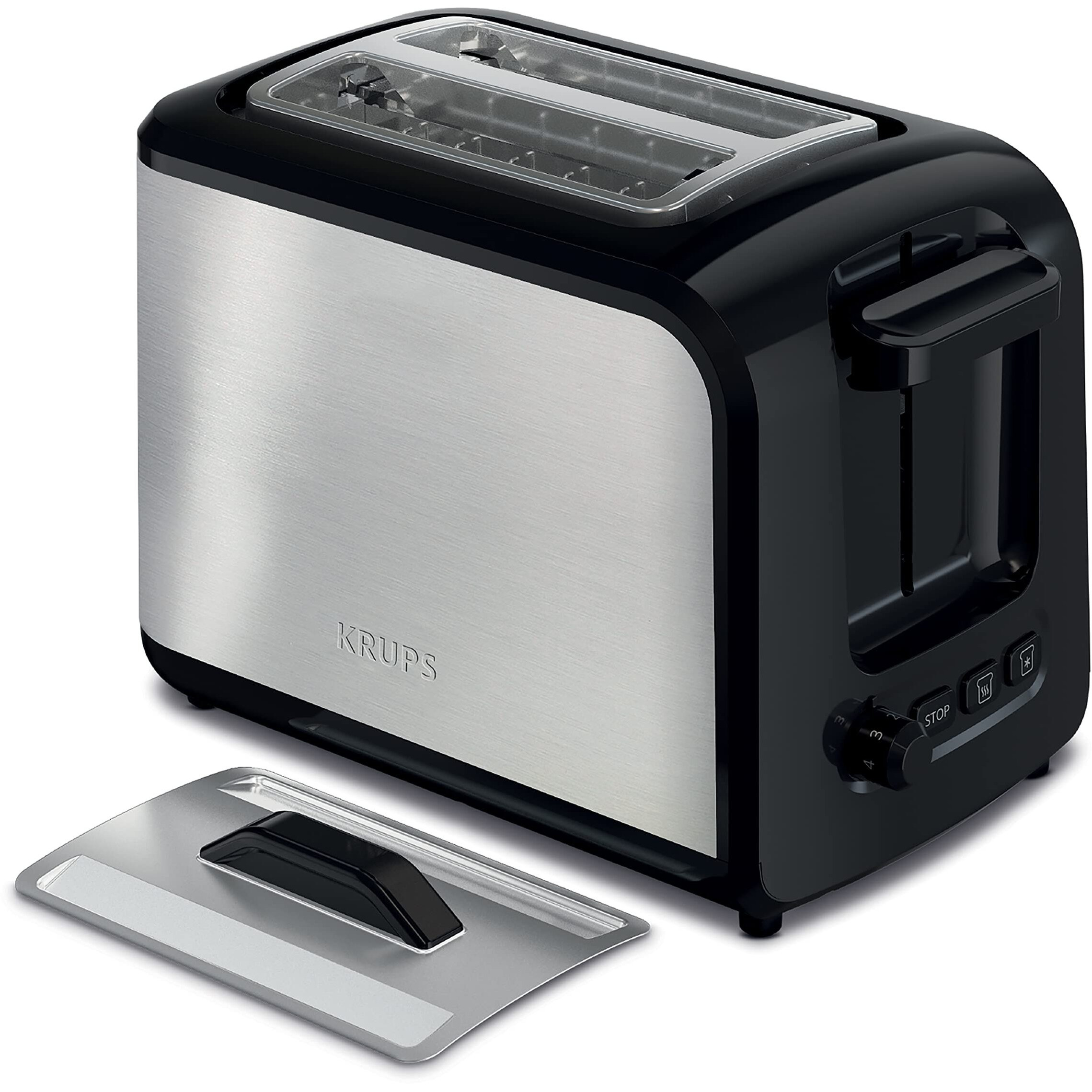 Krups Express 2 Slice Toaster Stainless Steel Toaster With Wide Slots, Includes Dust Lid & Crumb Tray, Defrost, Reheat, 7 Browning Levels, Stainless Steel