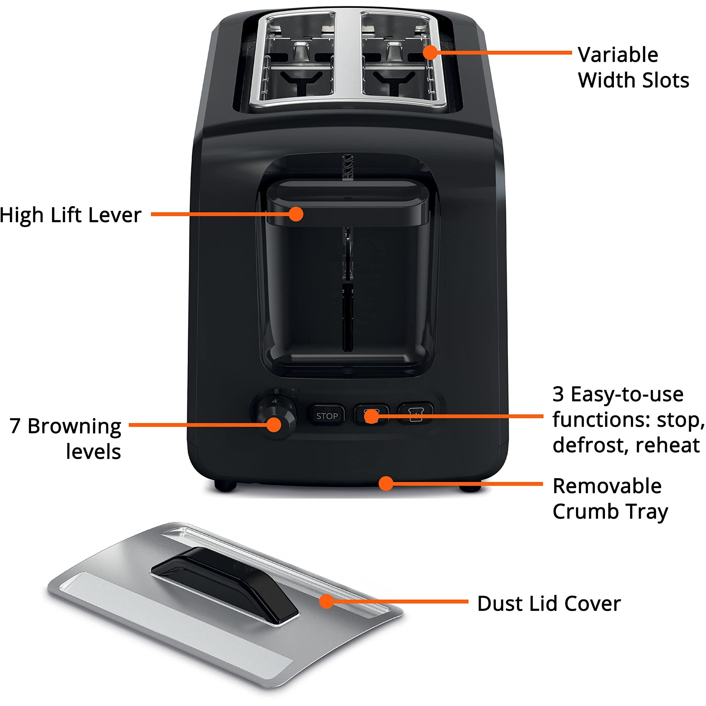 Krups Express 2 Slice Toaster Stainless Steel Toaster With Wide Slots, Includes Dust Lid & Crumb Tray, Defrost, Reheat, 7 Browning Levels, Stainless Steel