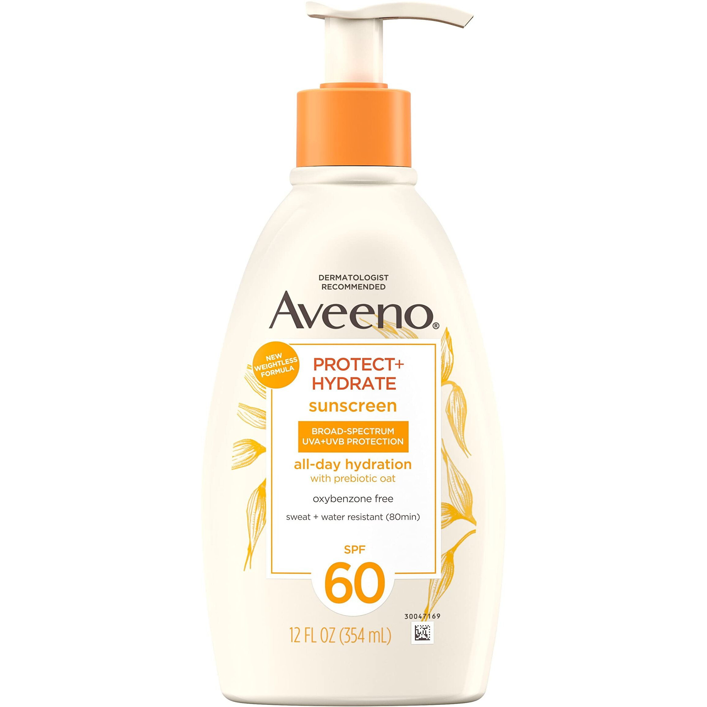 Aveeno Protect + Hydrate Sunscreen Moisturizing Body Lotion With Broad Spectrum Spf 60 And Prebiotic Oat, Weightless, Paraben, Oxybenzone, And Oil Free Sunscreen, 12 Fl Oz