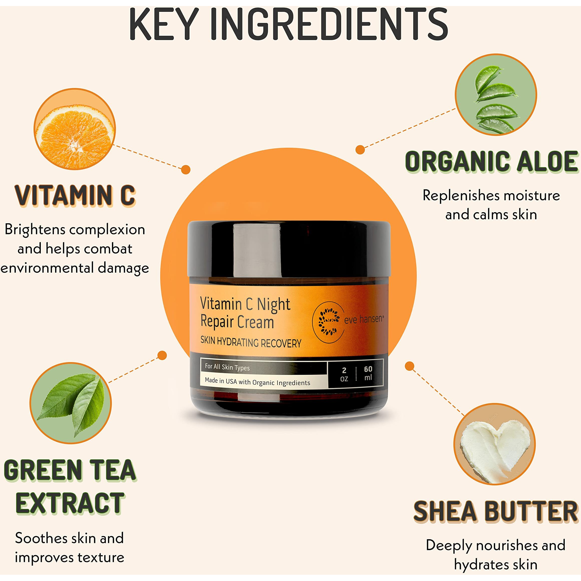 Eve Hansen Vitamin C Night Cream 2 Oz - Hydrating Moisturizer With Vitamin E For Face & Neck - Gentle Citrus Scent, Non-Greasy, For All Skin Types