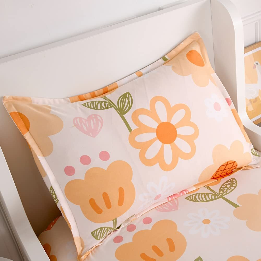 Kwlover Soft Bed Fitted Sheet And Pillowcases Set,Orange Flower Printed Bed Sheets For Kids (Multicolor, Full)